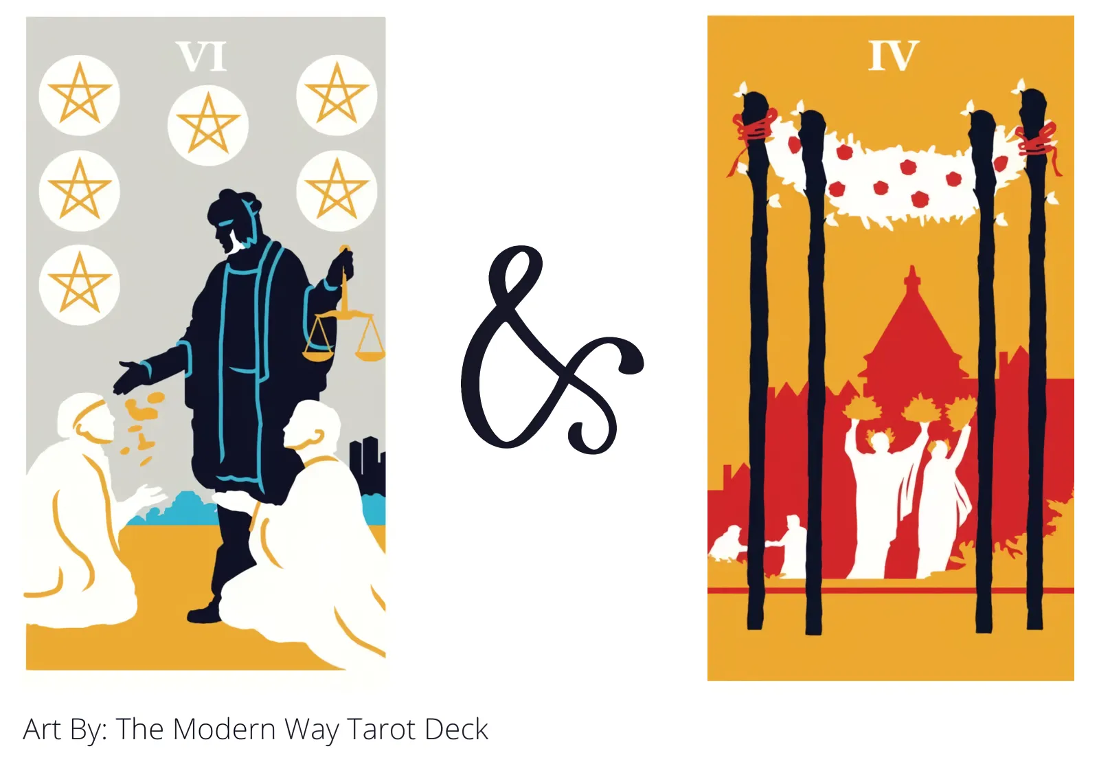 six of pentacles and four of wands tarot cards together