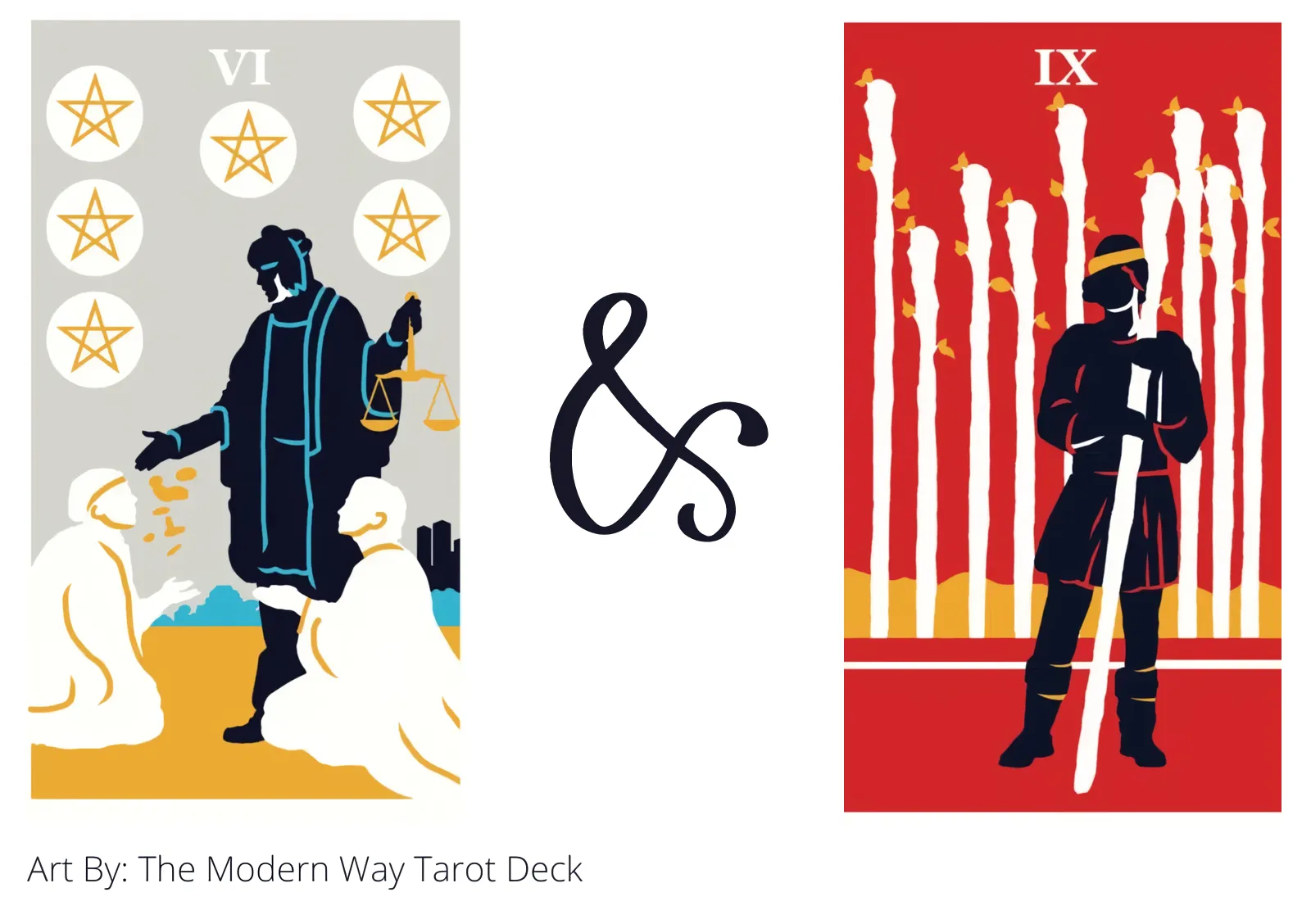 six of pentacles and nine of wands tarot cards together