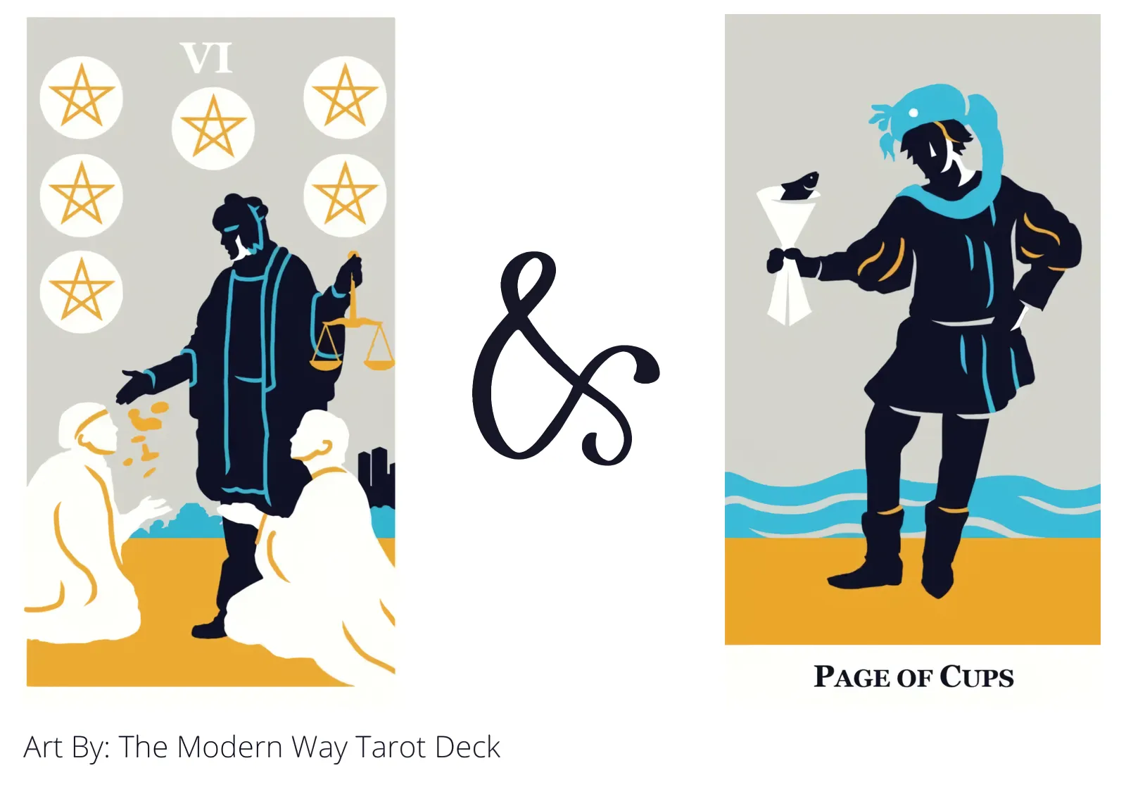 six of pentacles and page of cups tarot cards together