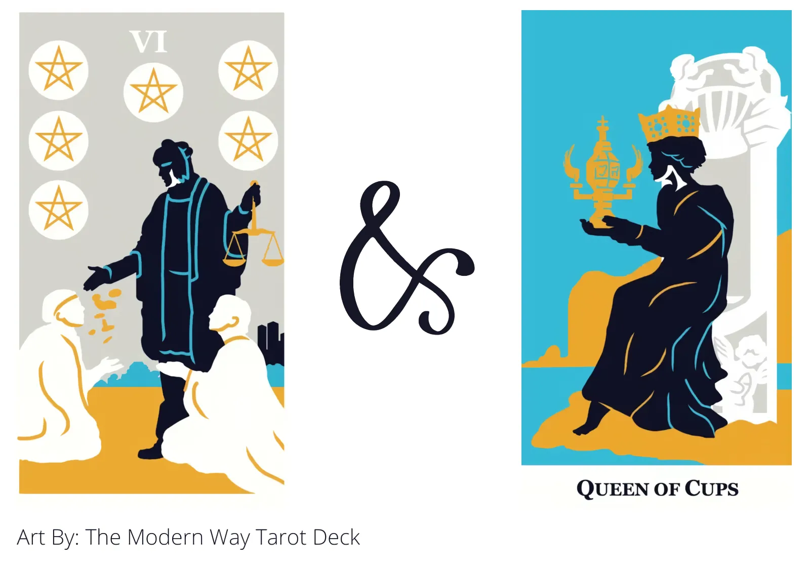 six of pentacles and queen of cups tarot cards together