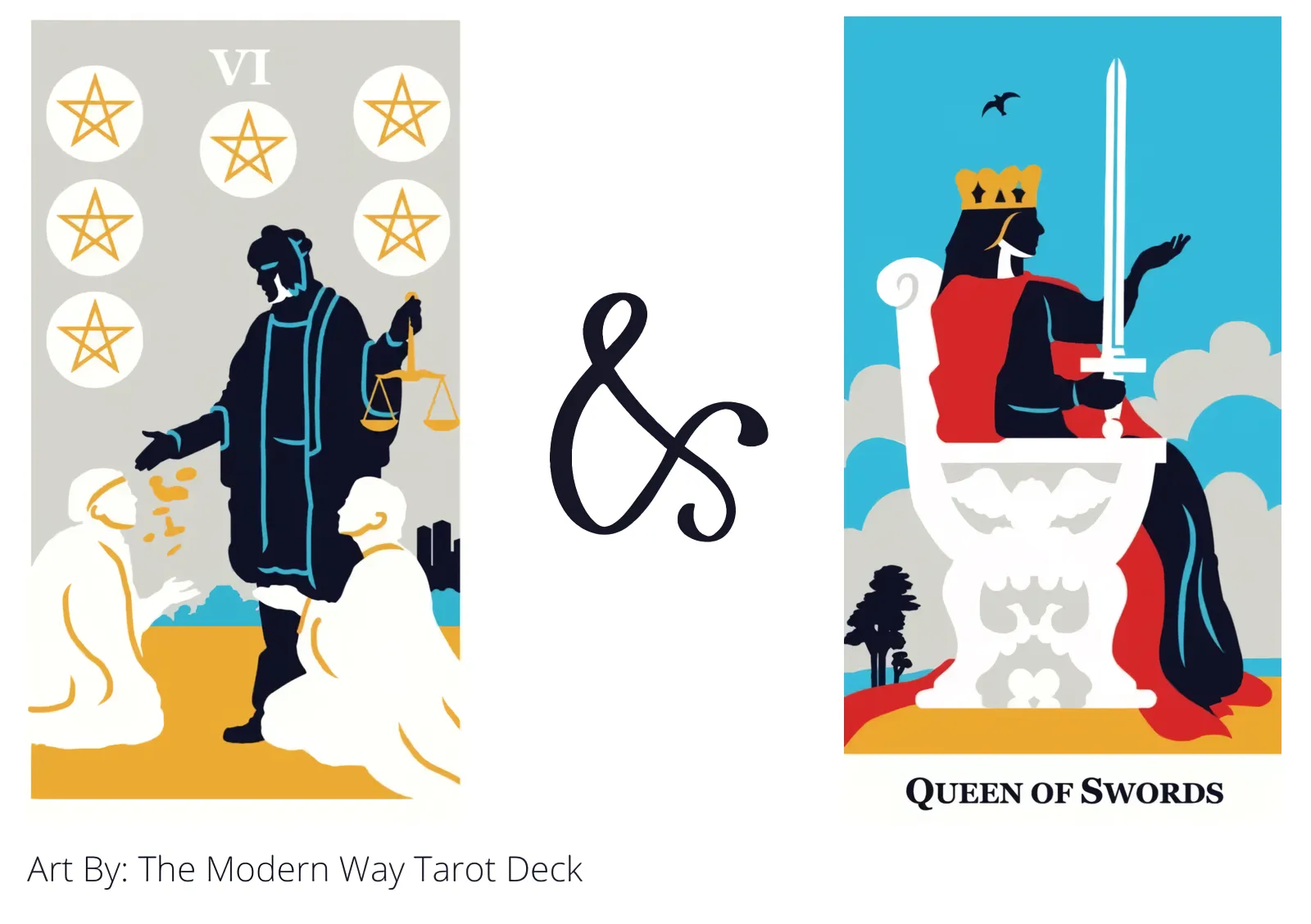 six of pentacles and queen of swords tarot cards together