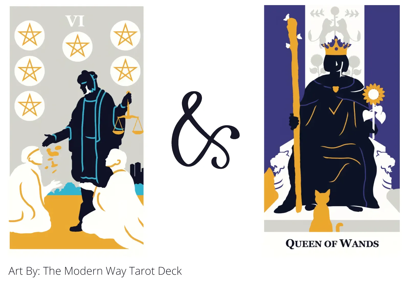 six of pentacles and queen of wands tarot cards together