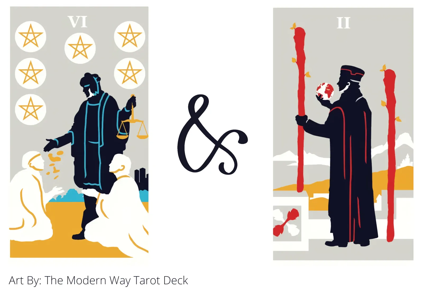 six of pentacles and two of wands tarot cards together