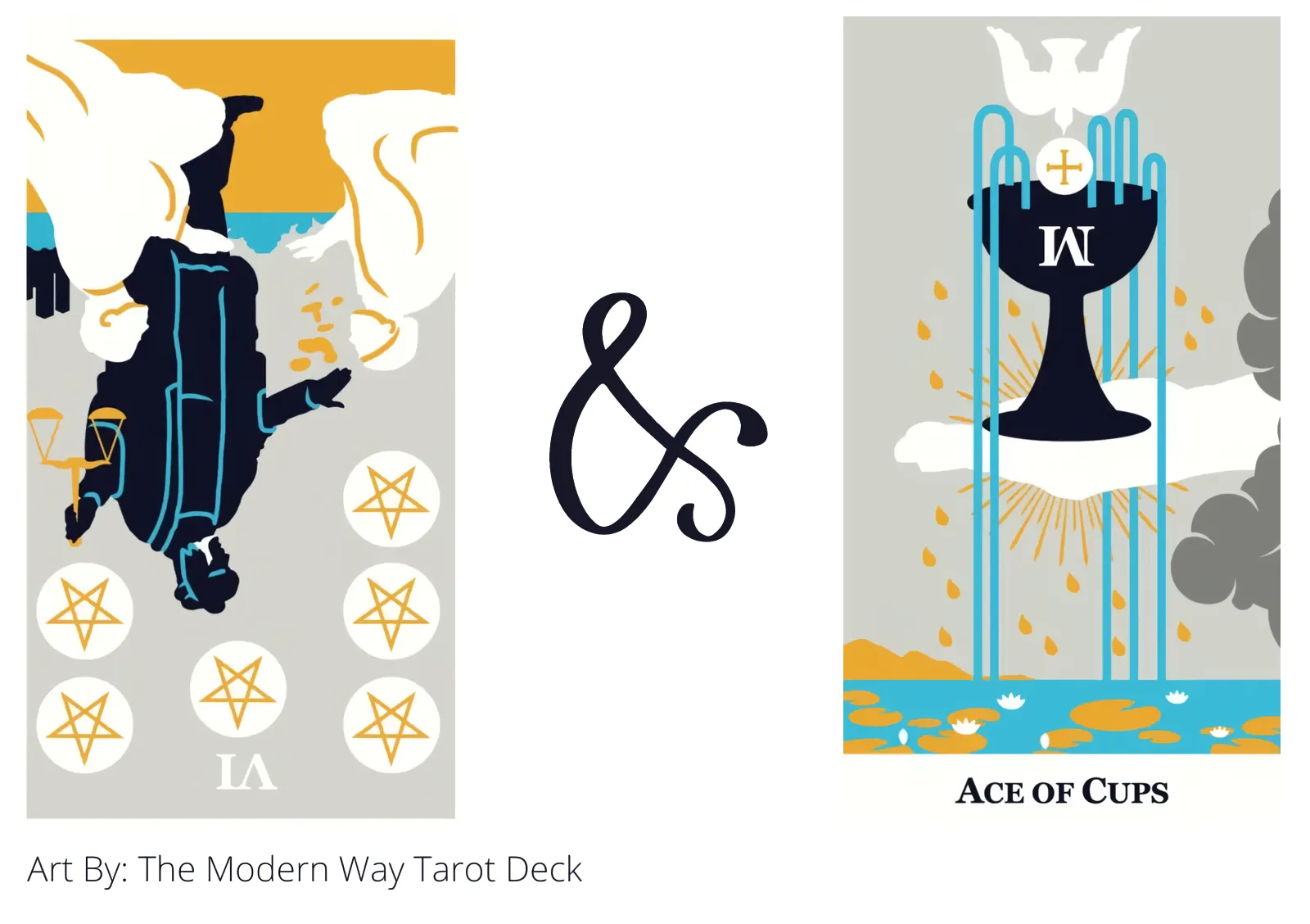 six of pentacles reversed and ace of cups tarot cards together