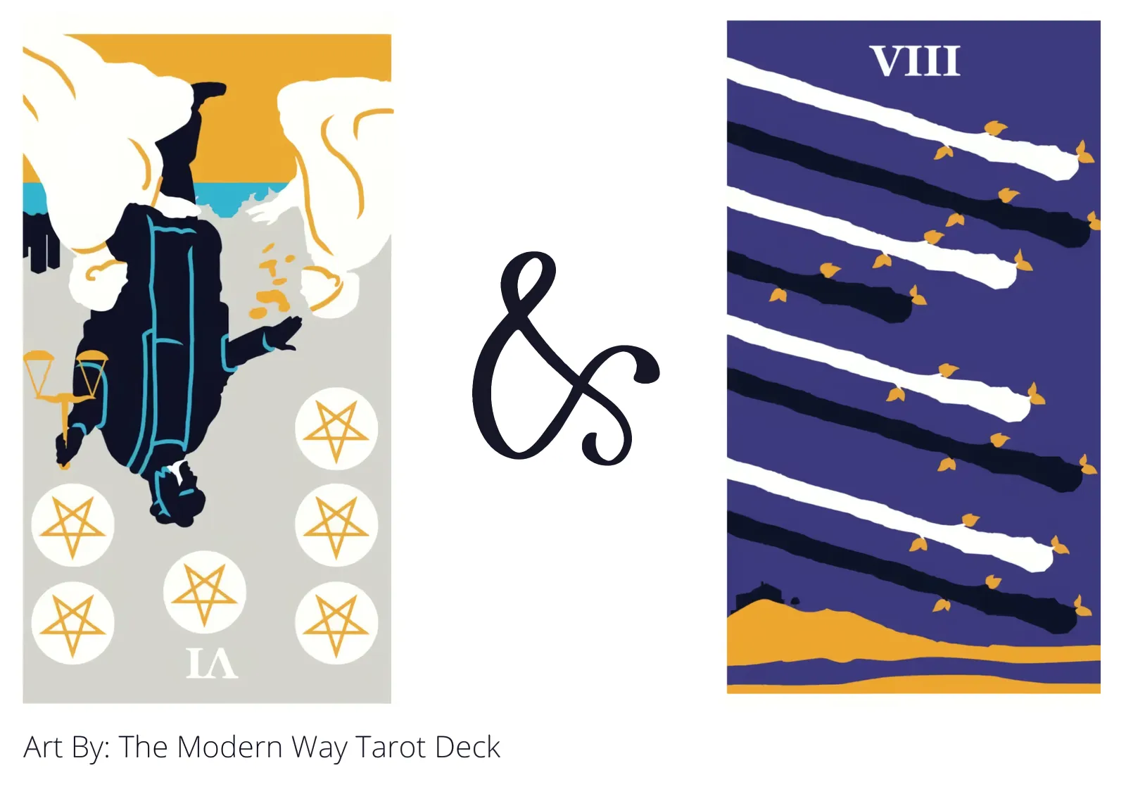 six of pentacles reversed and eight of wands tarot cards together