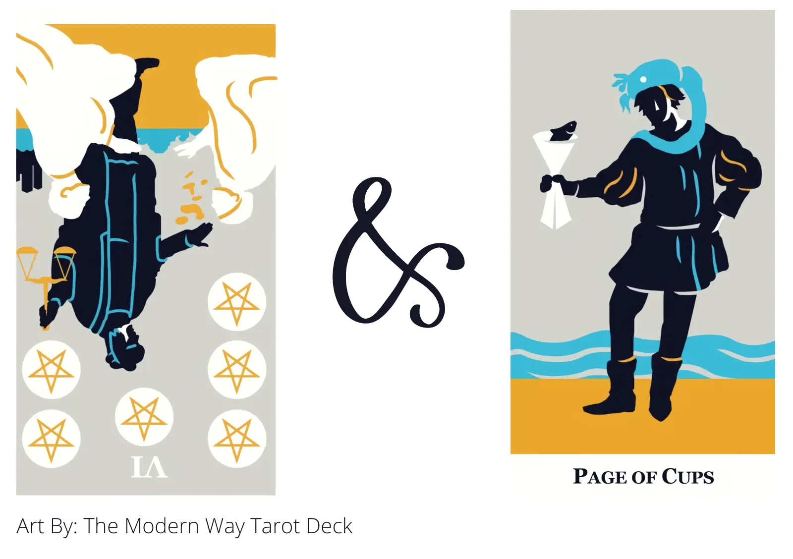 six of pentacles reversed and page of cups tarot cards together