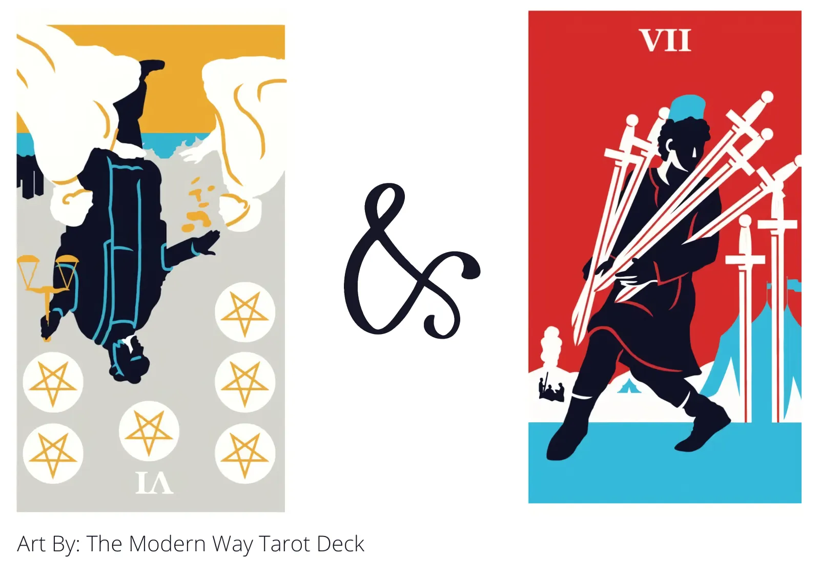 six of pentacles reversed and seven of swords tarot cards together