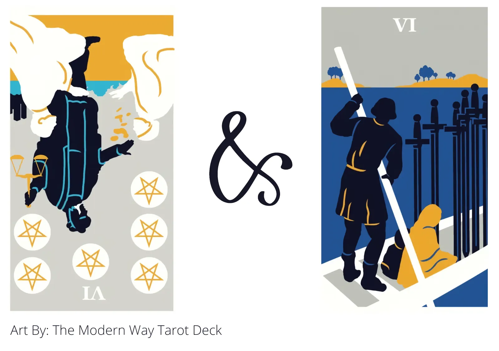 six of pentacles reversed and six of swords tarot cards together