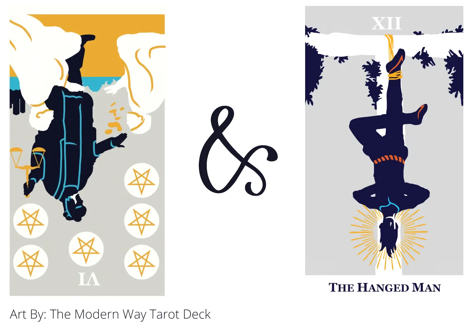 six of pentacles reversed and the hanged man tarot cards together