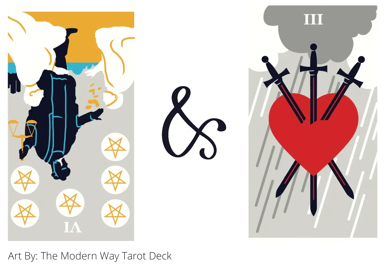 six of pentacles reversed and three of swords tarot cards together