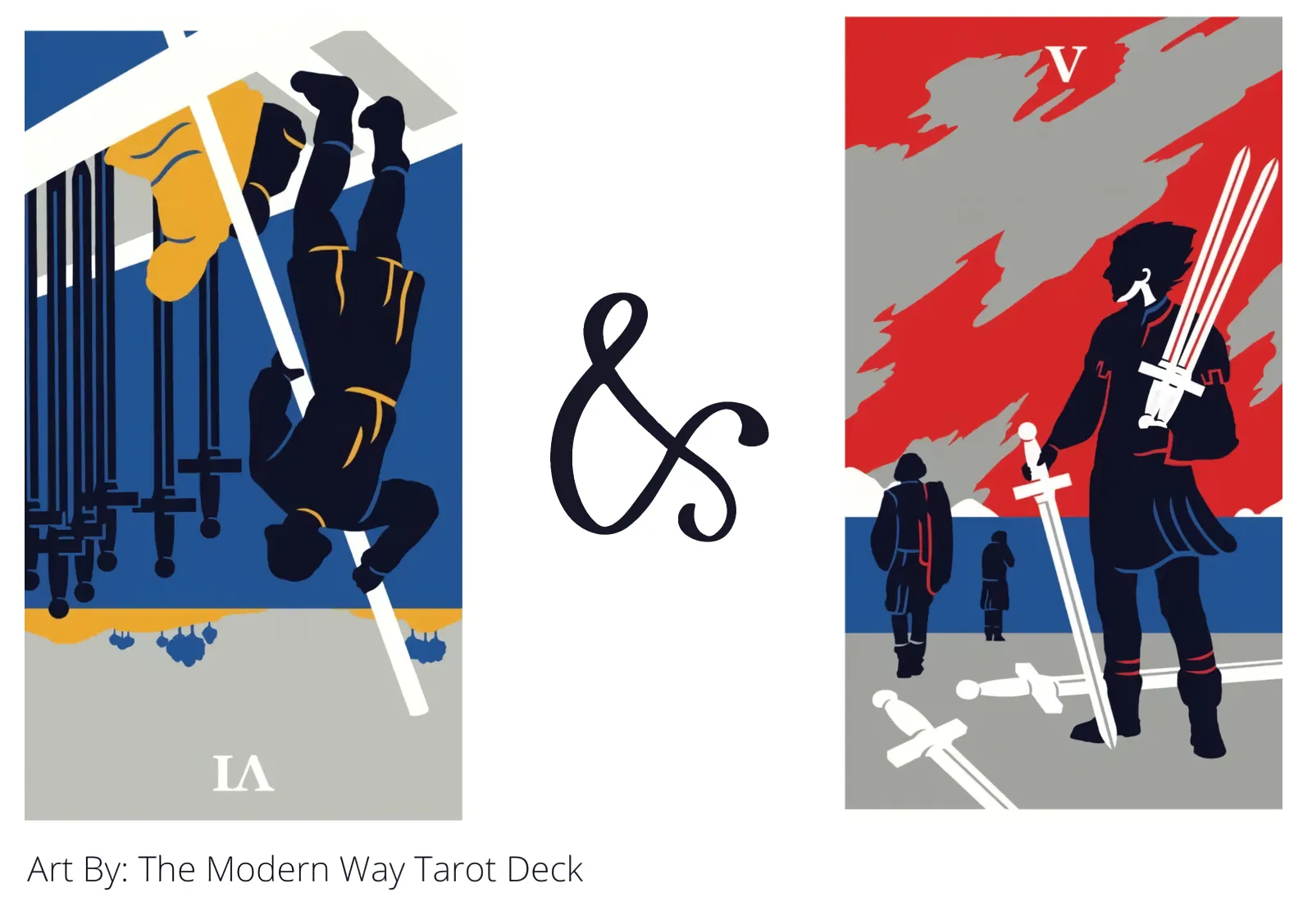 six of swords reversed and five of swords tarot cards together