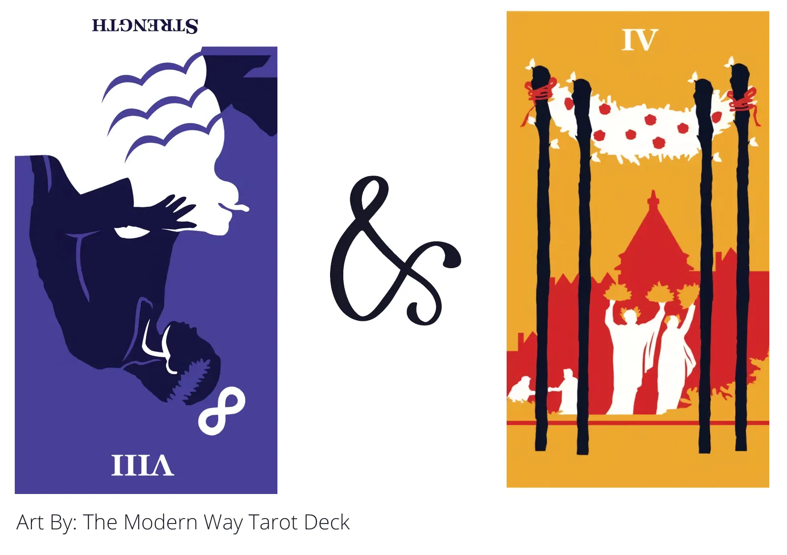 strength reversed and four of wands tarot cards together