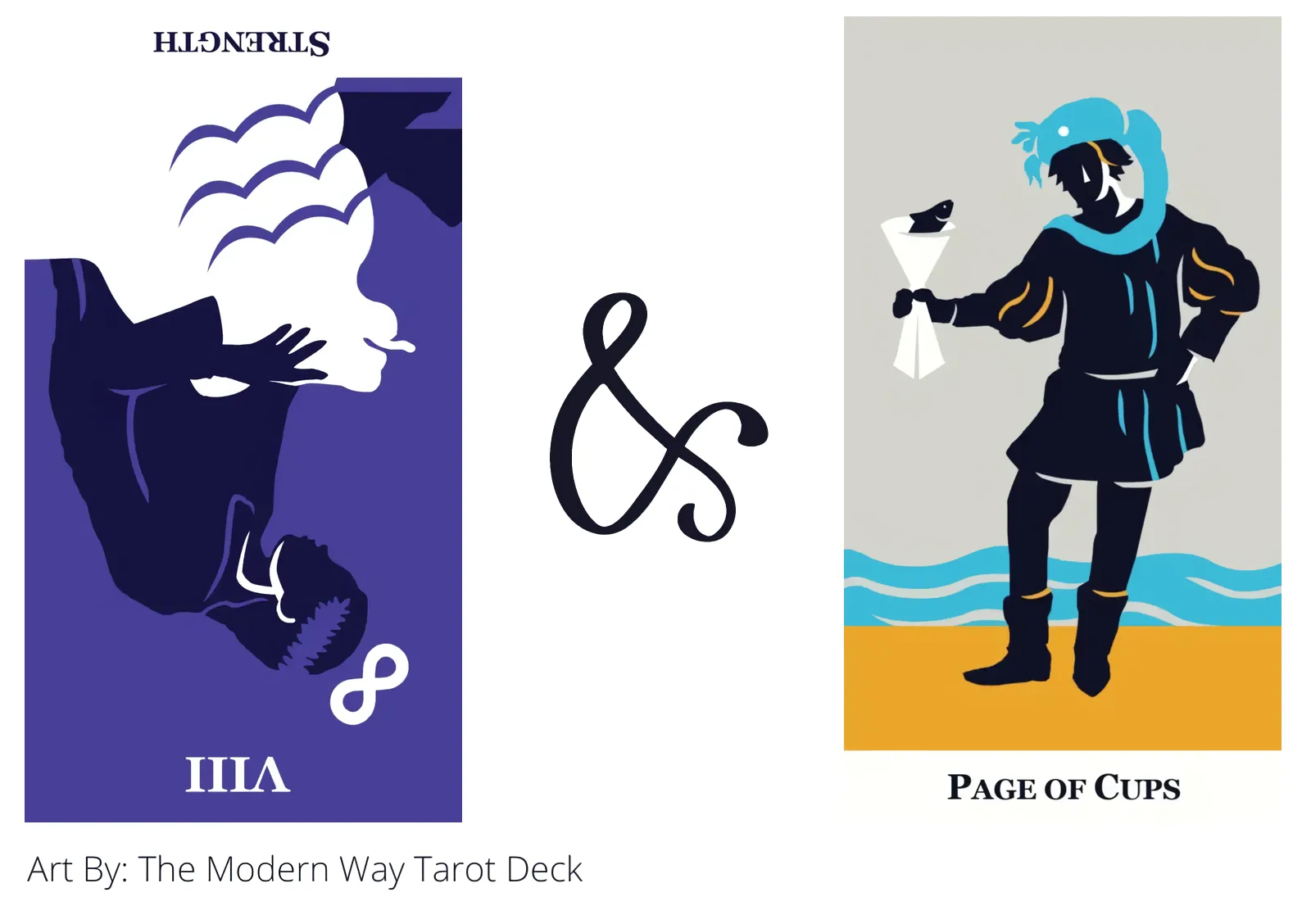 strength reversed and page of cups tarot cards together
