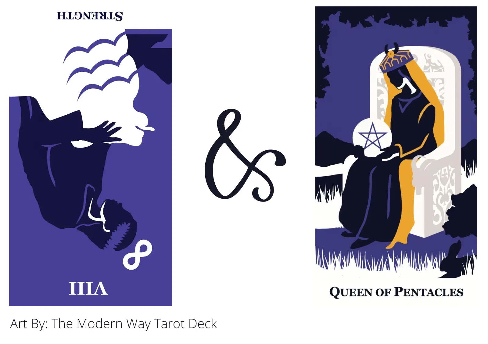 strength reversed and queen of pentacles tarot cards together
