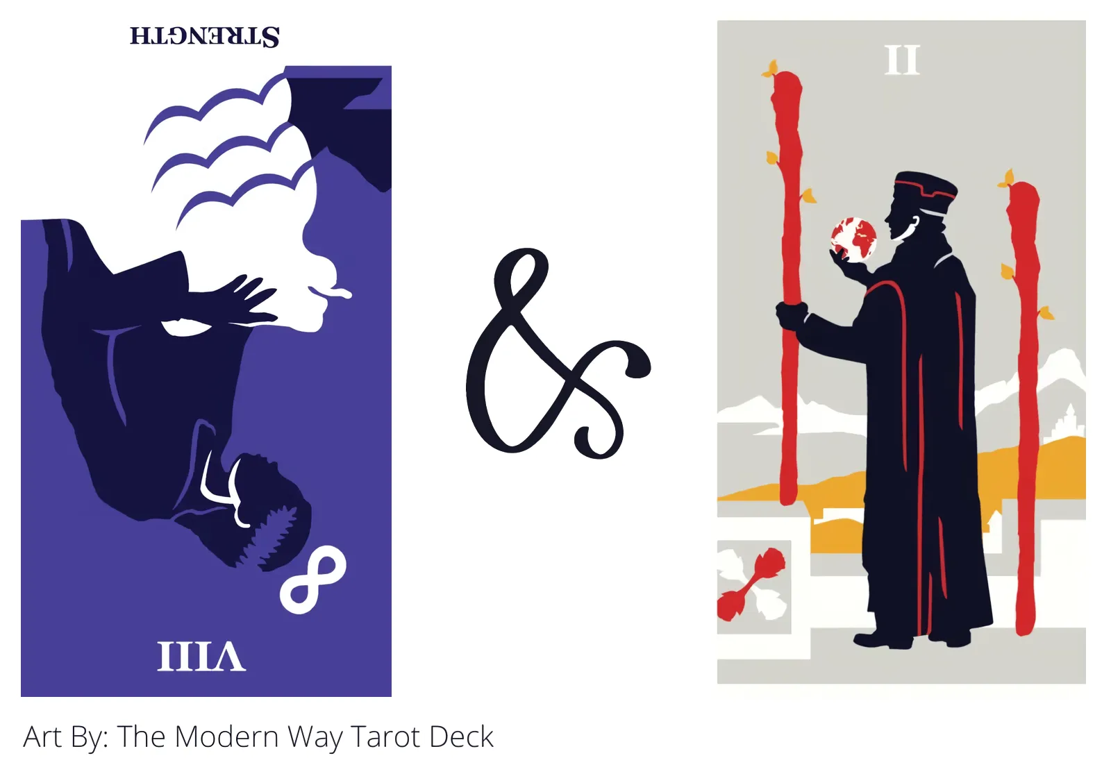 strength reversed and two of wands tarot cards together