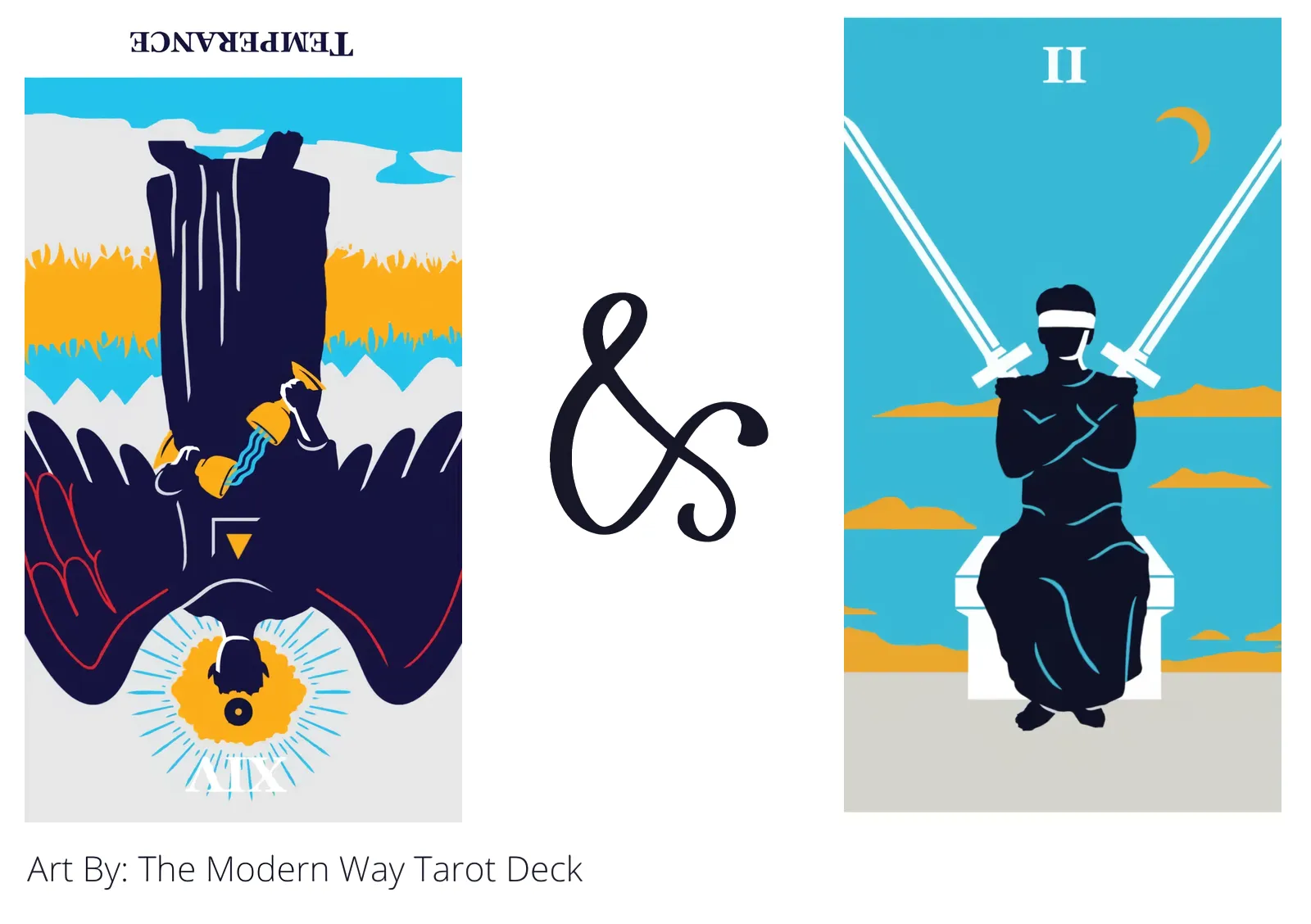 temperance reversed and two of swords tarot cards together