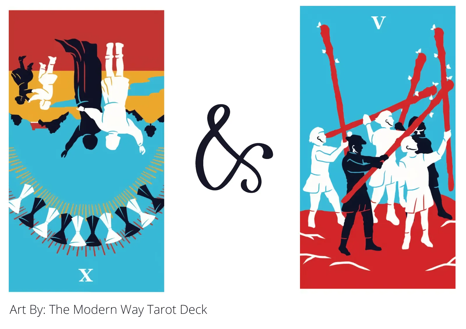 ten of cups reversed and five of wands tarot cards together