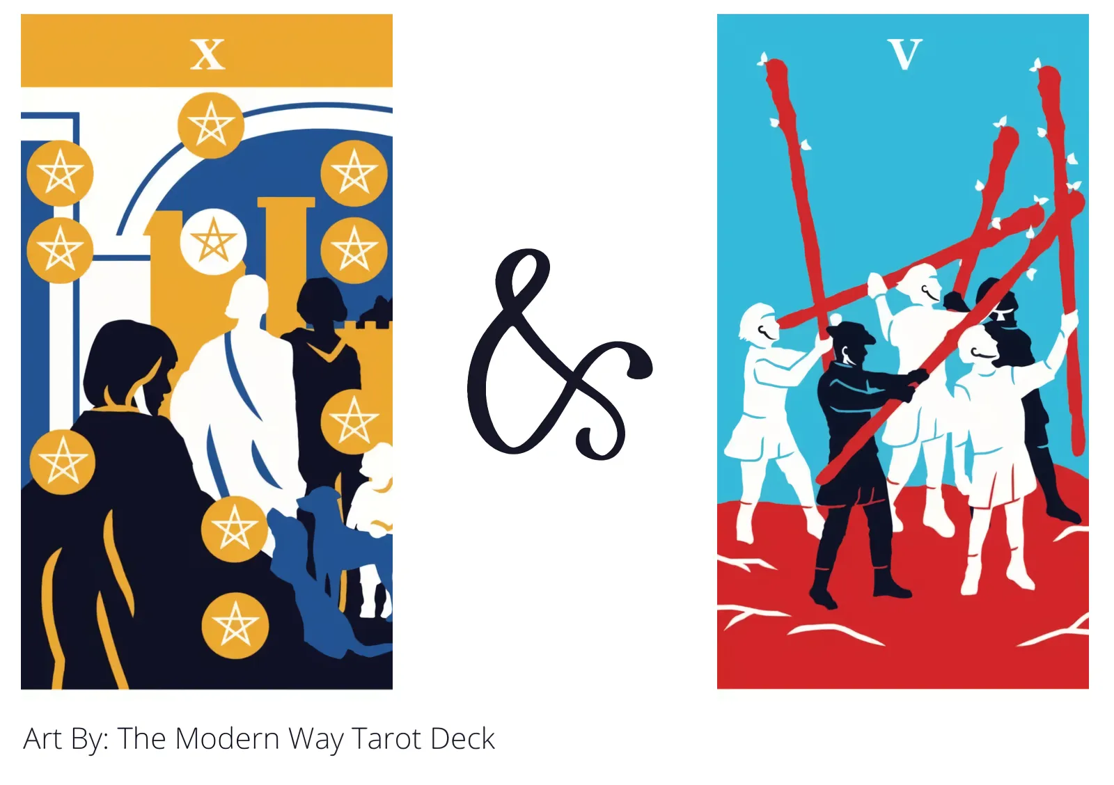 ten of pentacles and five of wands tarot cards together