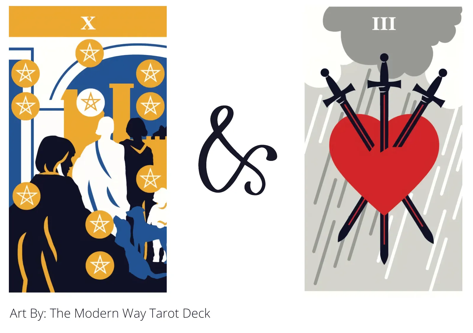 ten of pentacles and three of swords tarot cards together