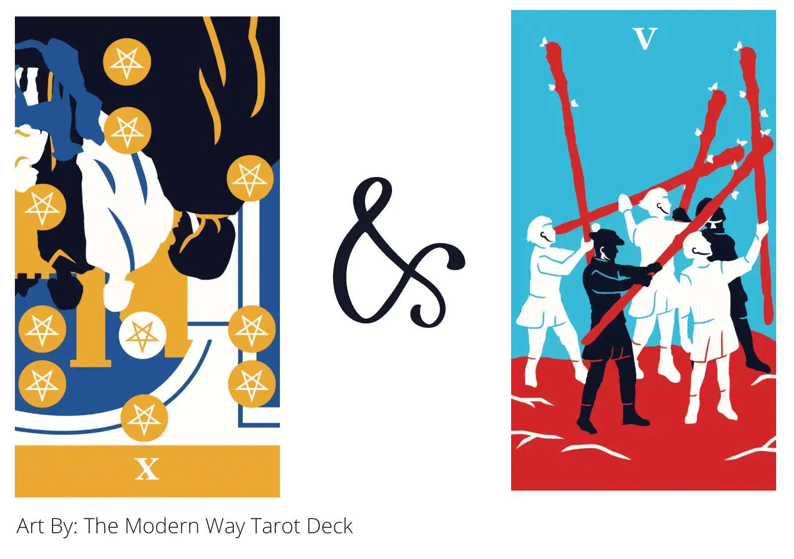 ten of pentacles reversed and five of wands tarot cards together
