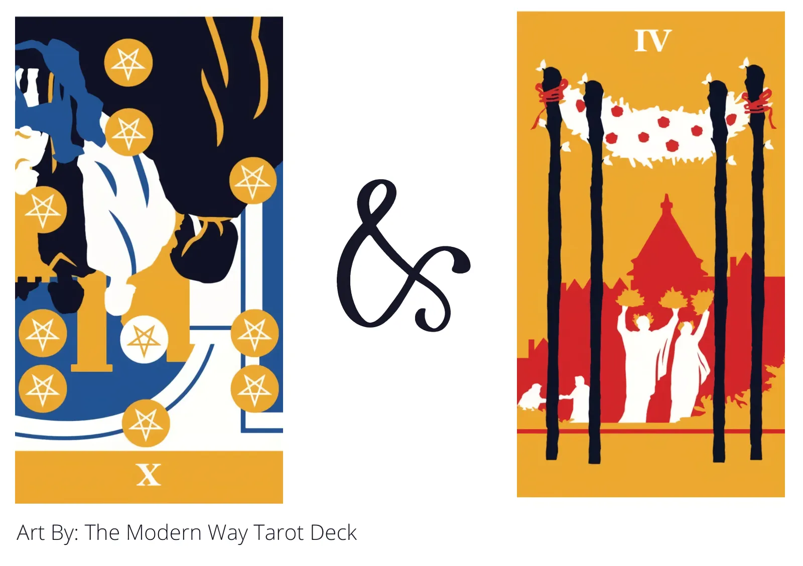 ten of pentacles reversed and four of wands tarot cards together