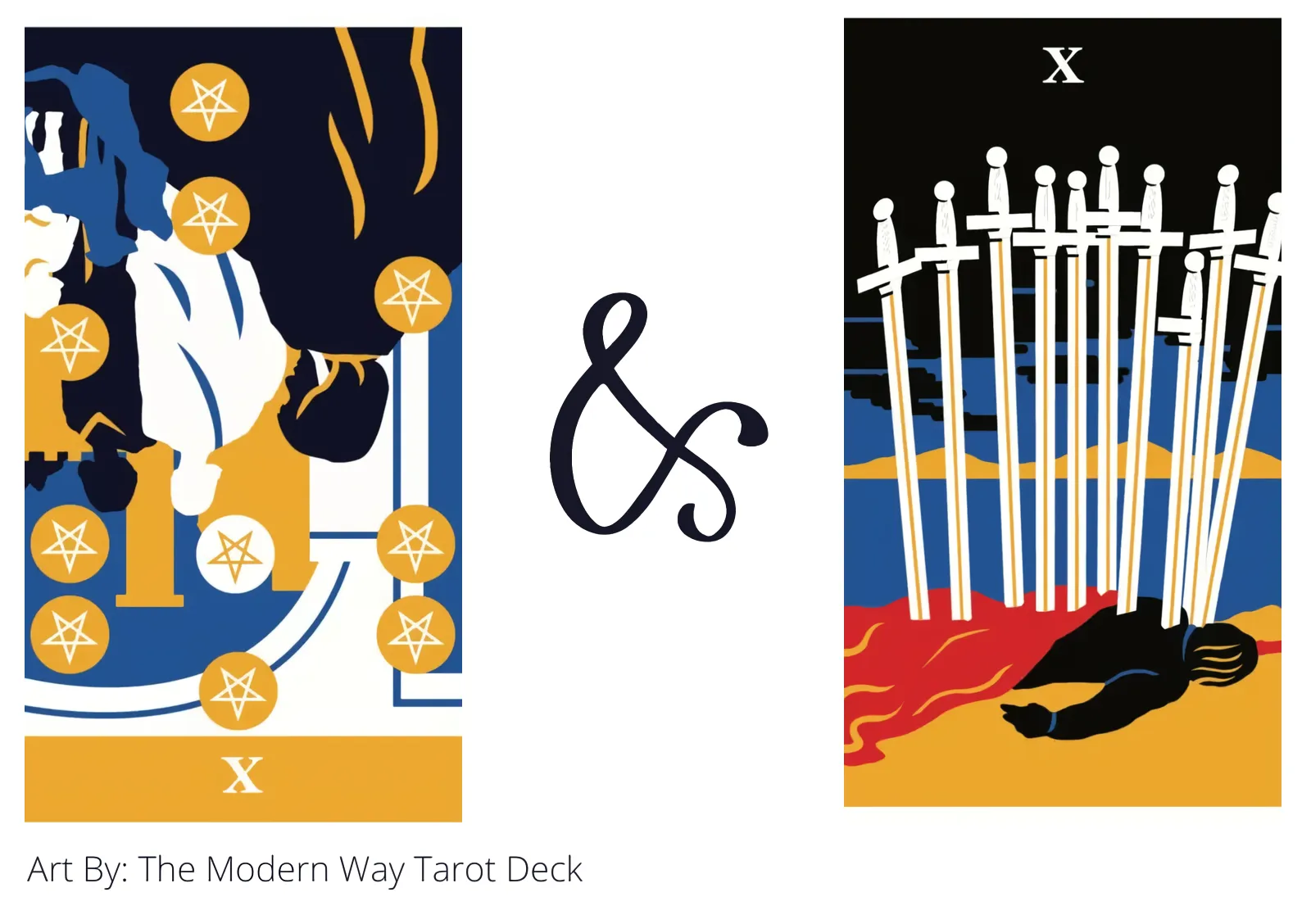 ten of pentacles reversed and ten of swords tarot cards together