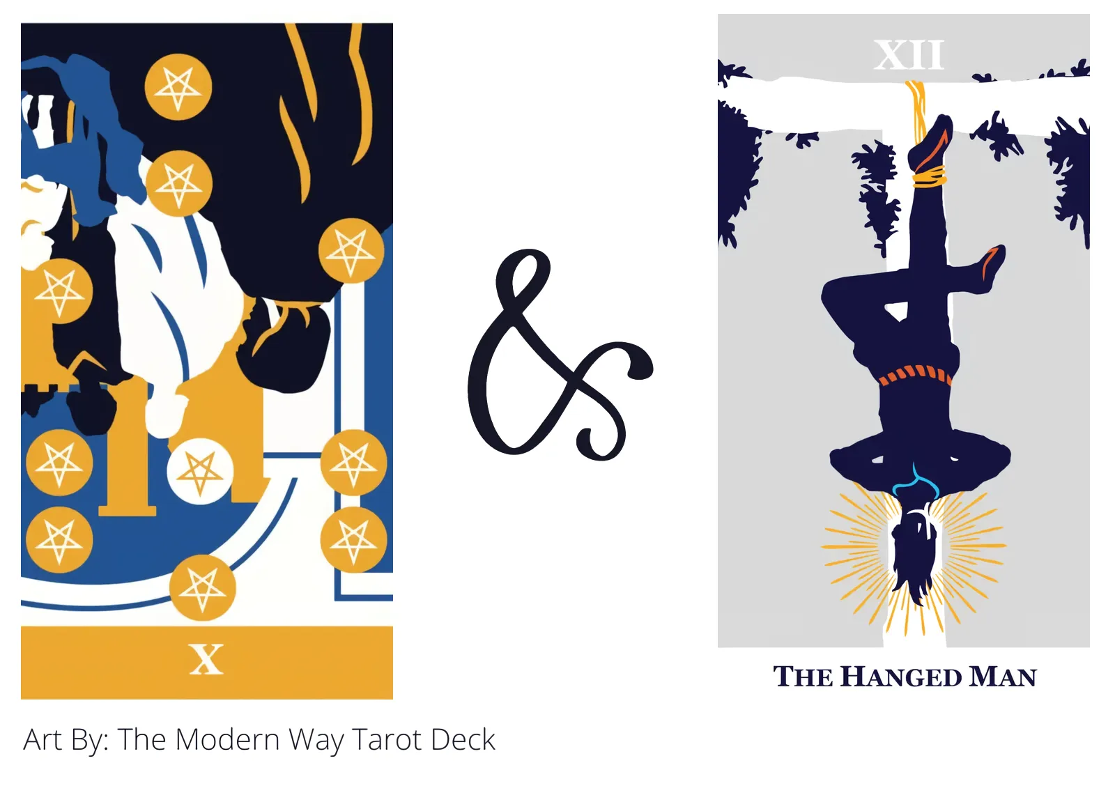 ten of pentacles reversed and the hanged man tarot cards together