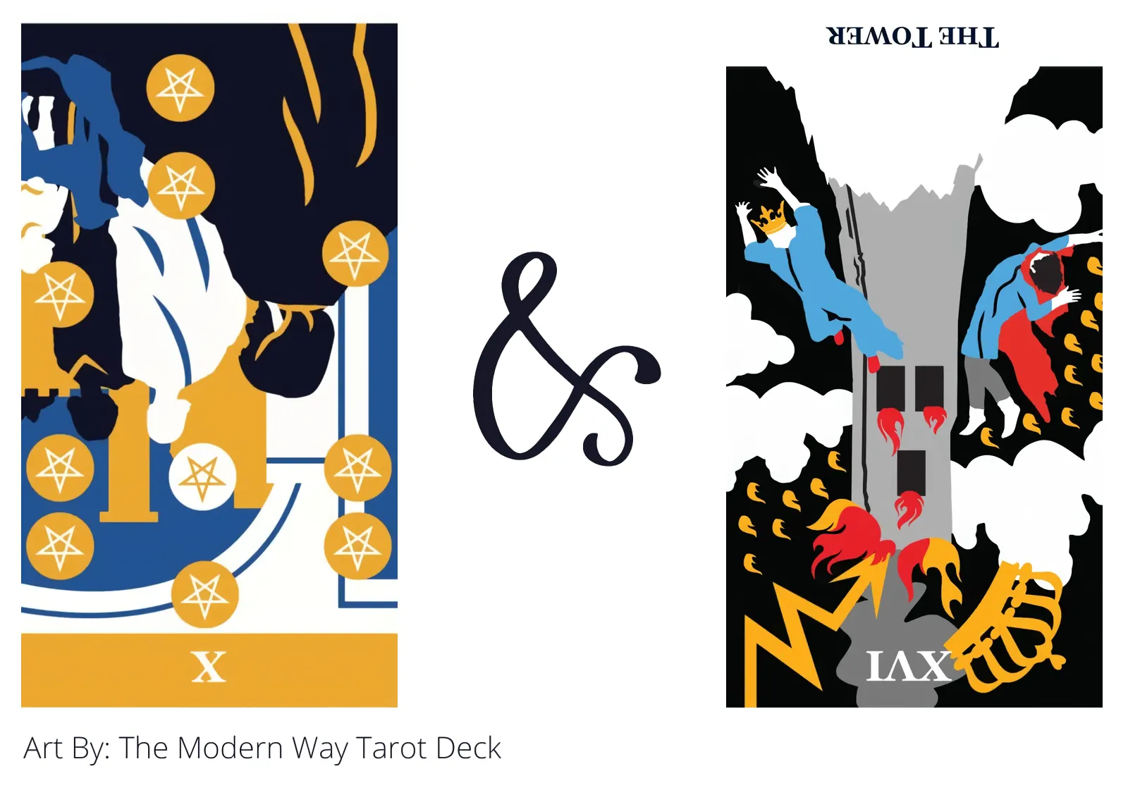 ten of pentacles reversed and the tower reversed tarot cards together