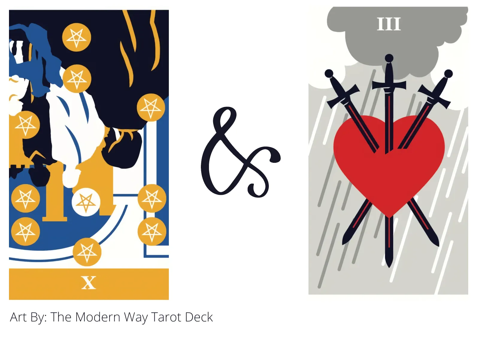 ten of pentacles reversed and three of swords tarot cards together