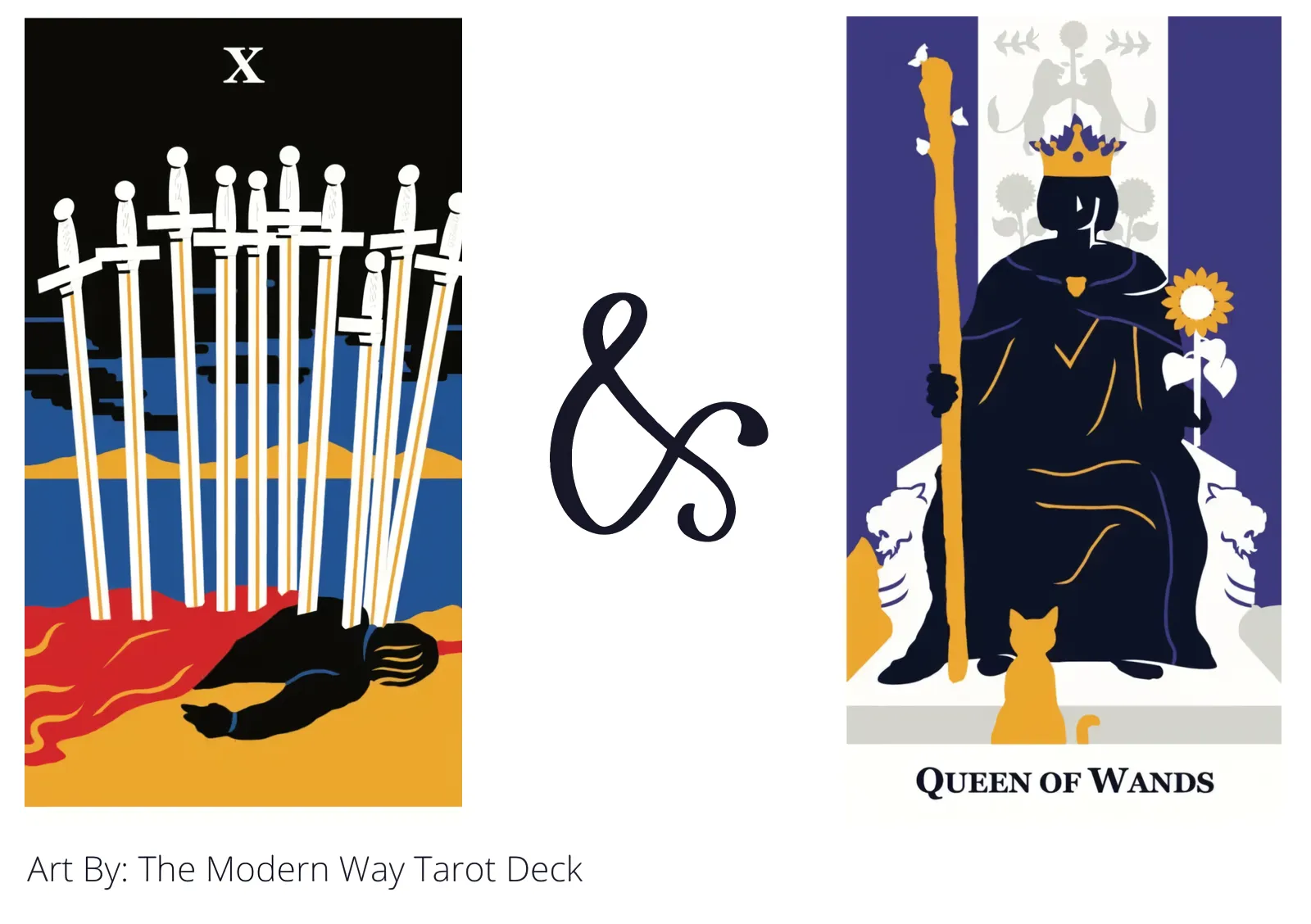 ten of swords and queen of wands tarot cards together