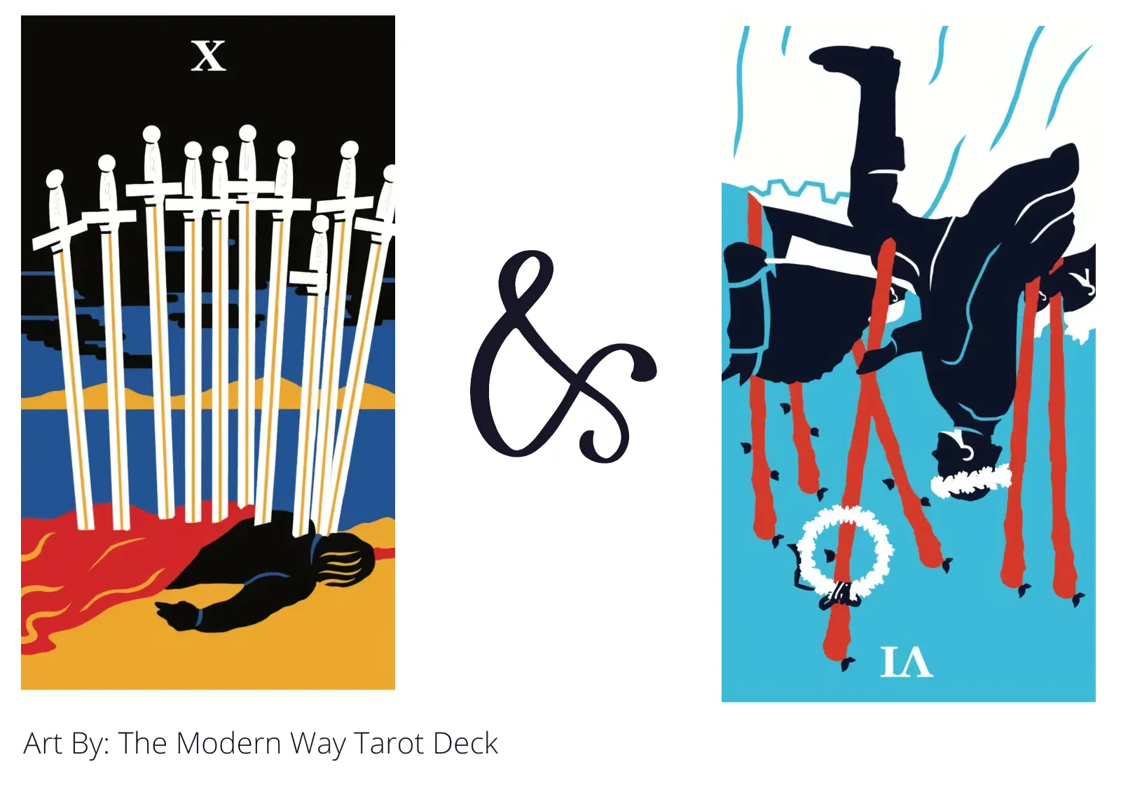 ten of swords and six of wands reversed tarot cards together