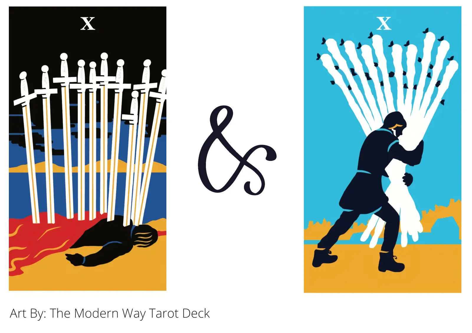 ten of swords and ten of wands tarot cards together