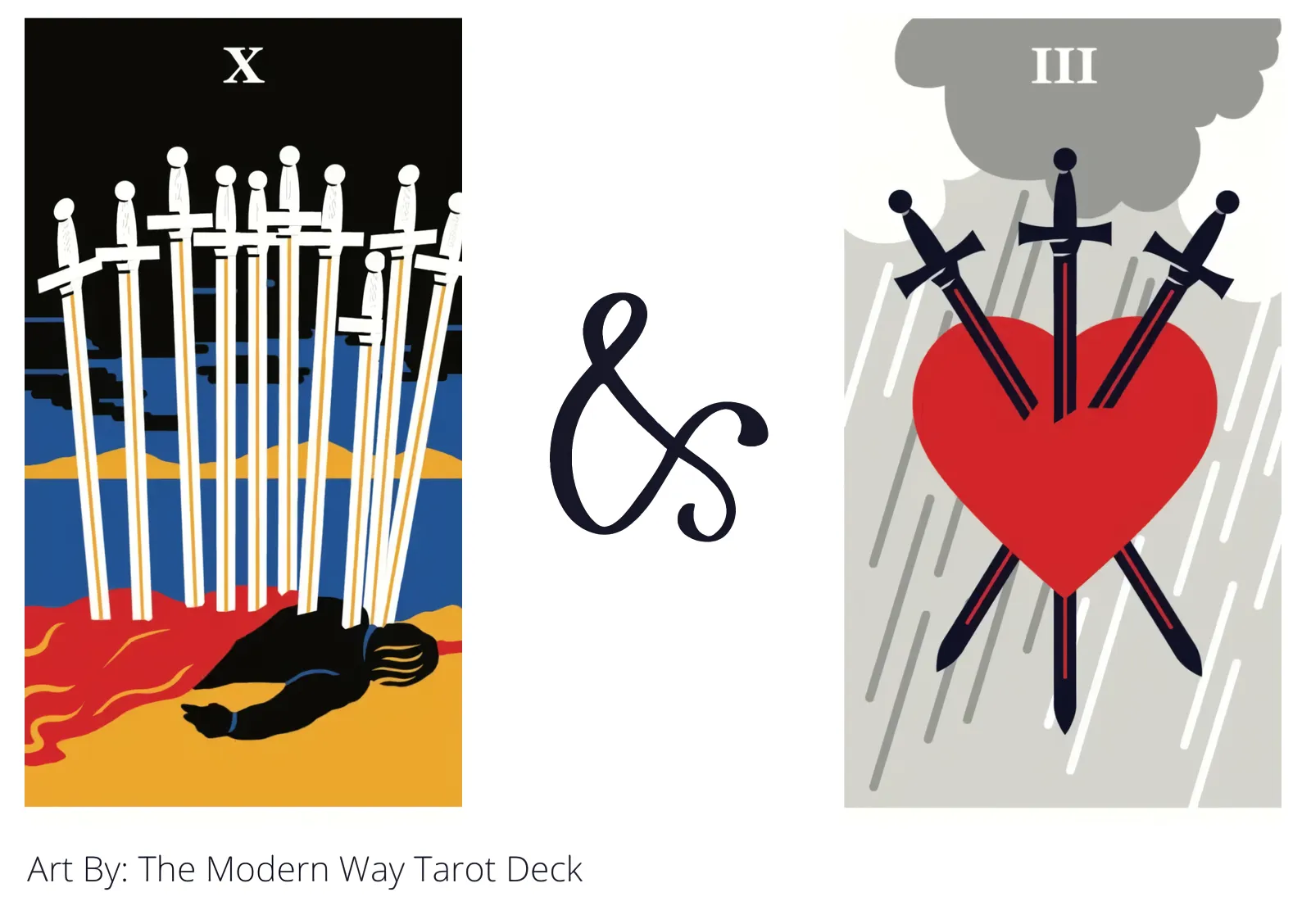 ten of swords and three of swords tarot cards together