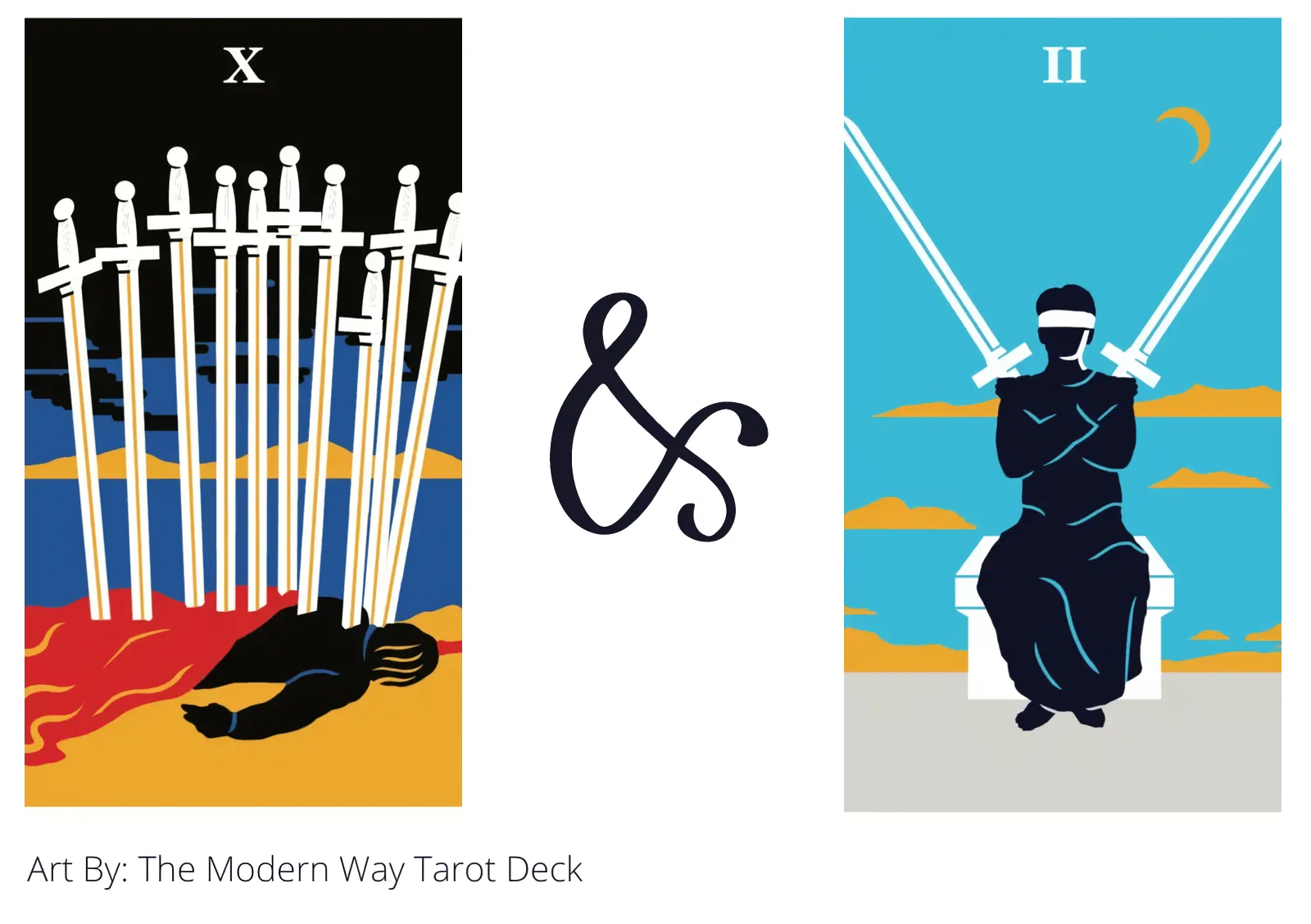 ten of swords and two of swords tarot cards together