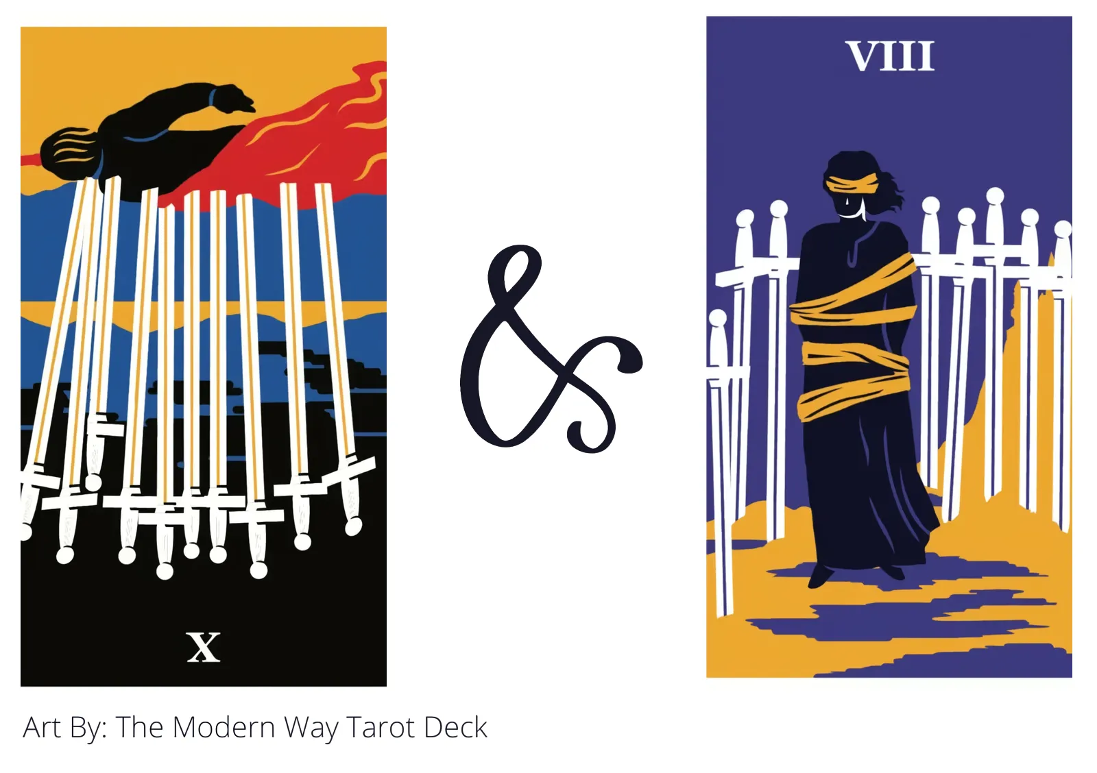 ten of swords reversed and eight of swords tarot cards together