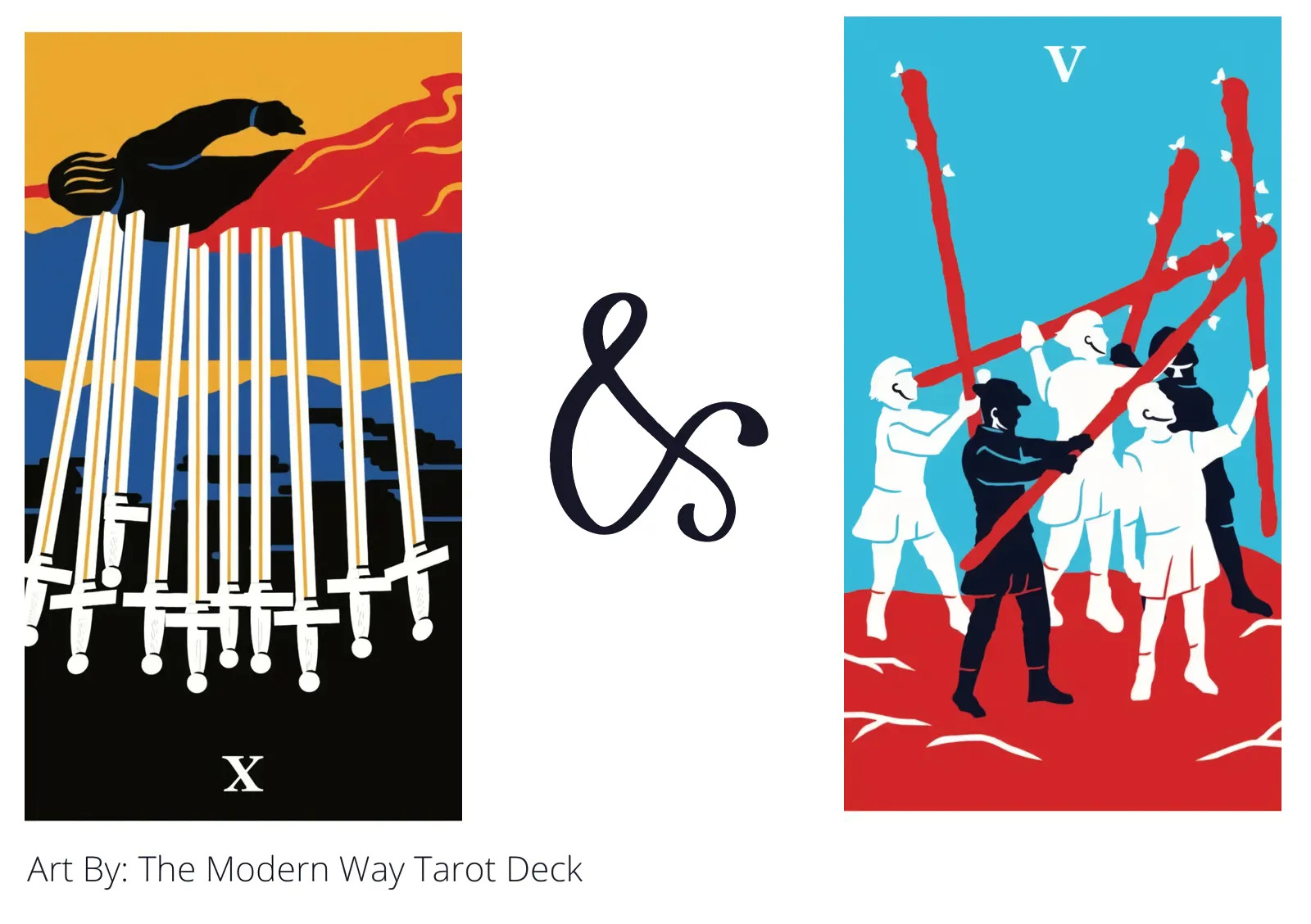 ten of swords reversed and five of wands tarot cards together