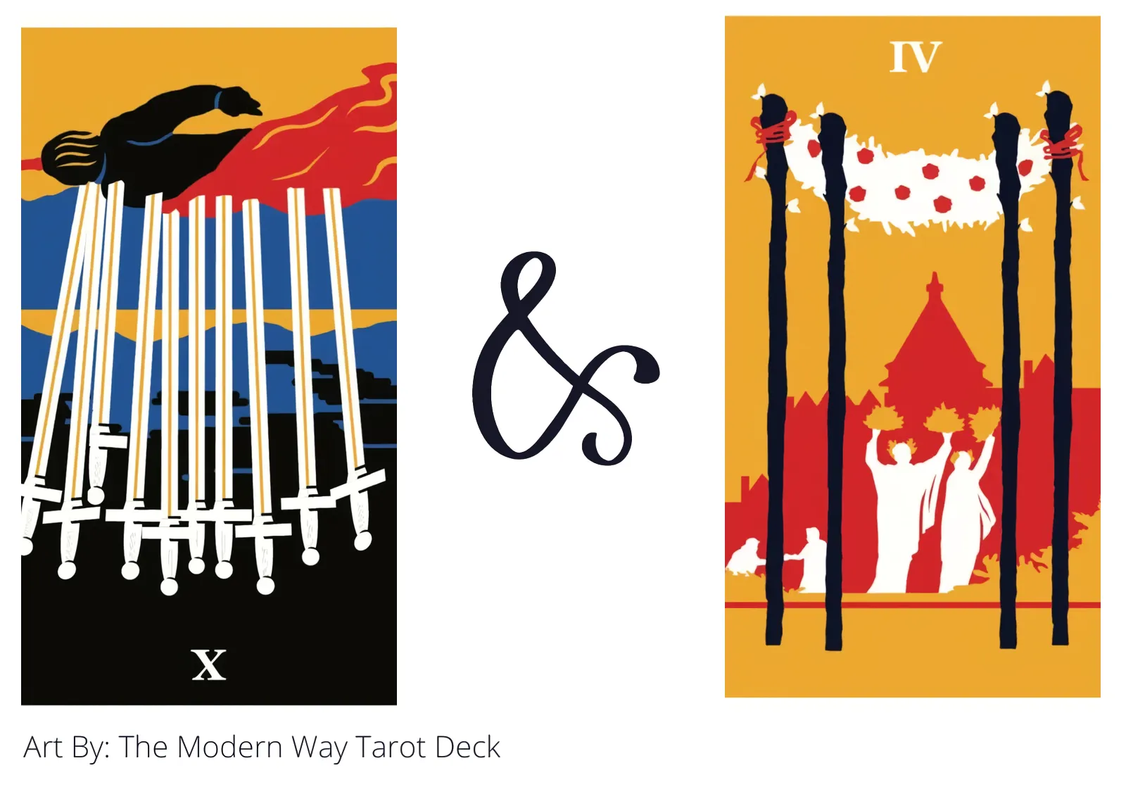 ten of swords reversed and four of wands tarot cards together