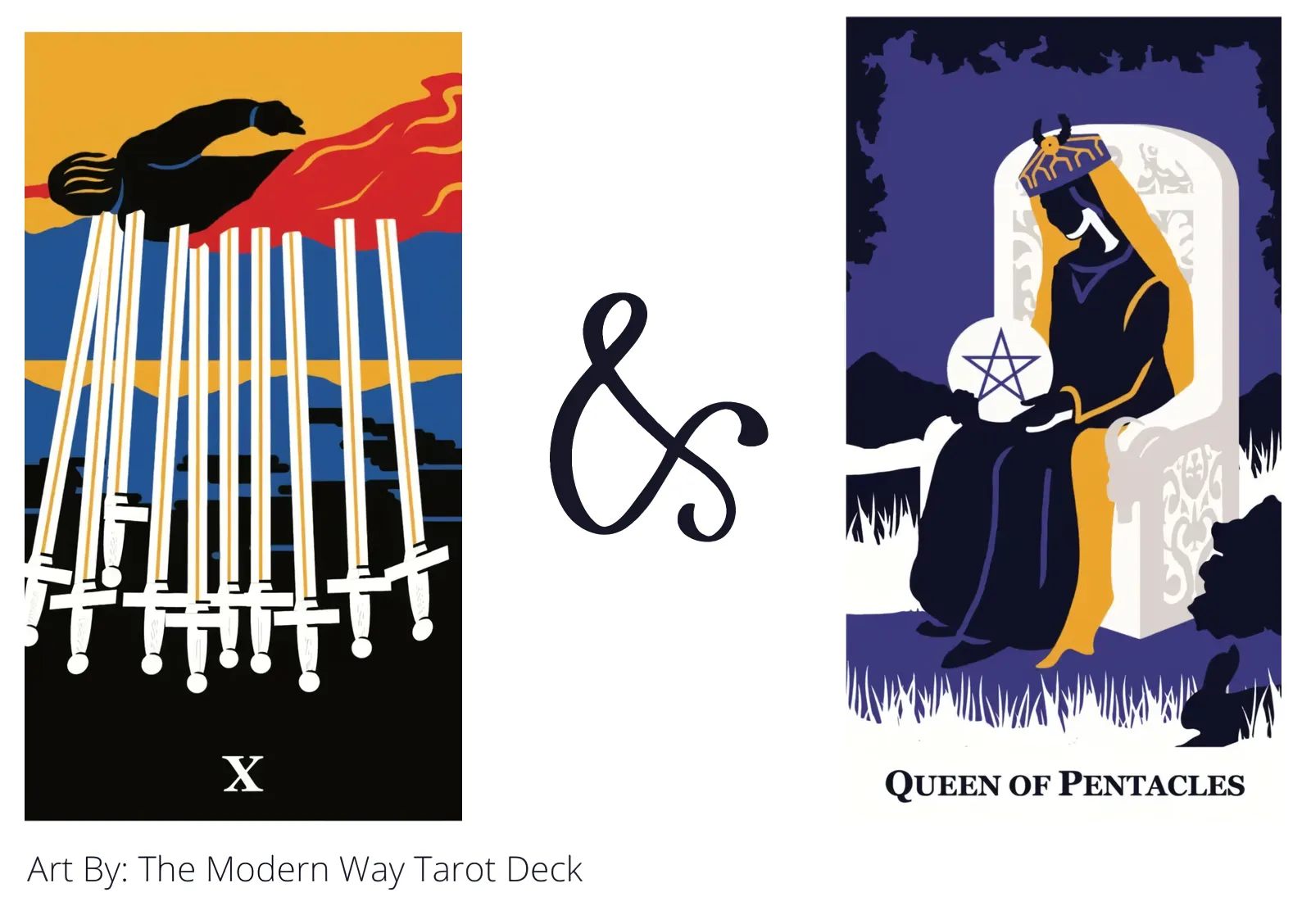 ten of swords reversed and queen of pentacles tarot cards together