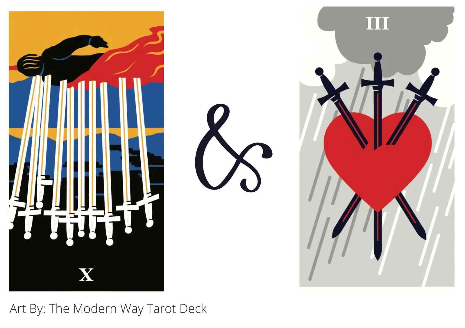 ten of swords reversed and three of swords tarot cards together