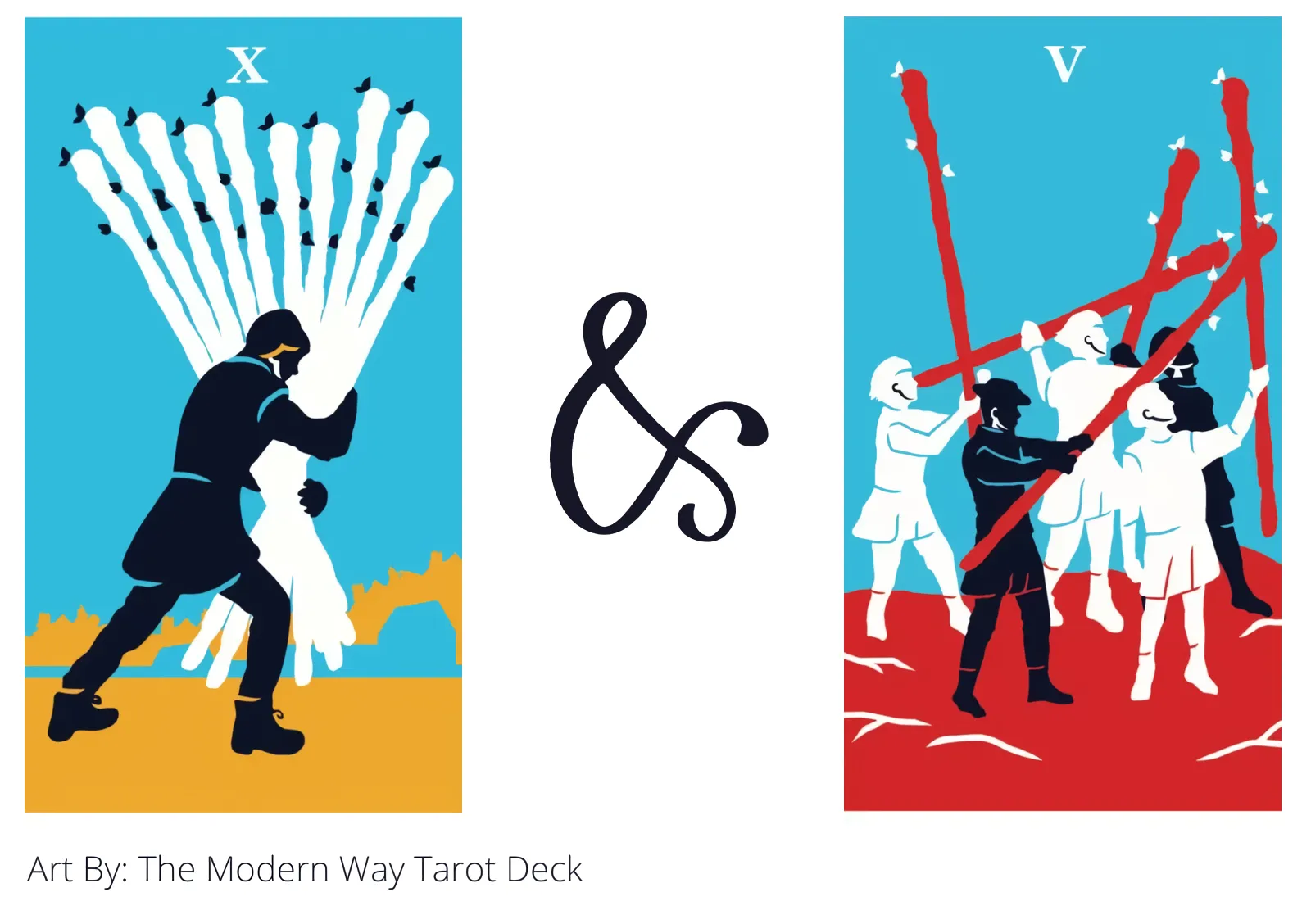 ten of wands and five of wands tarot cards together