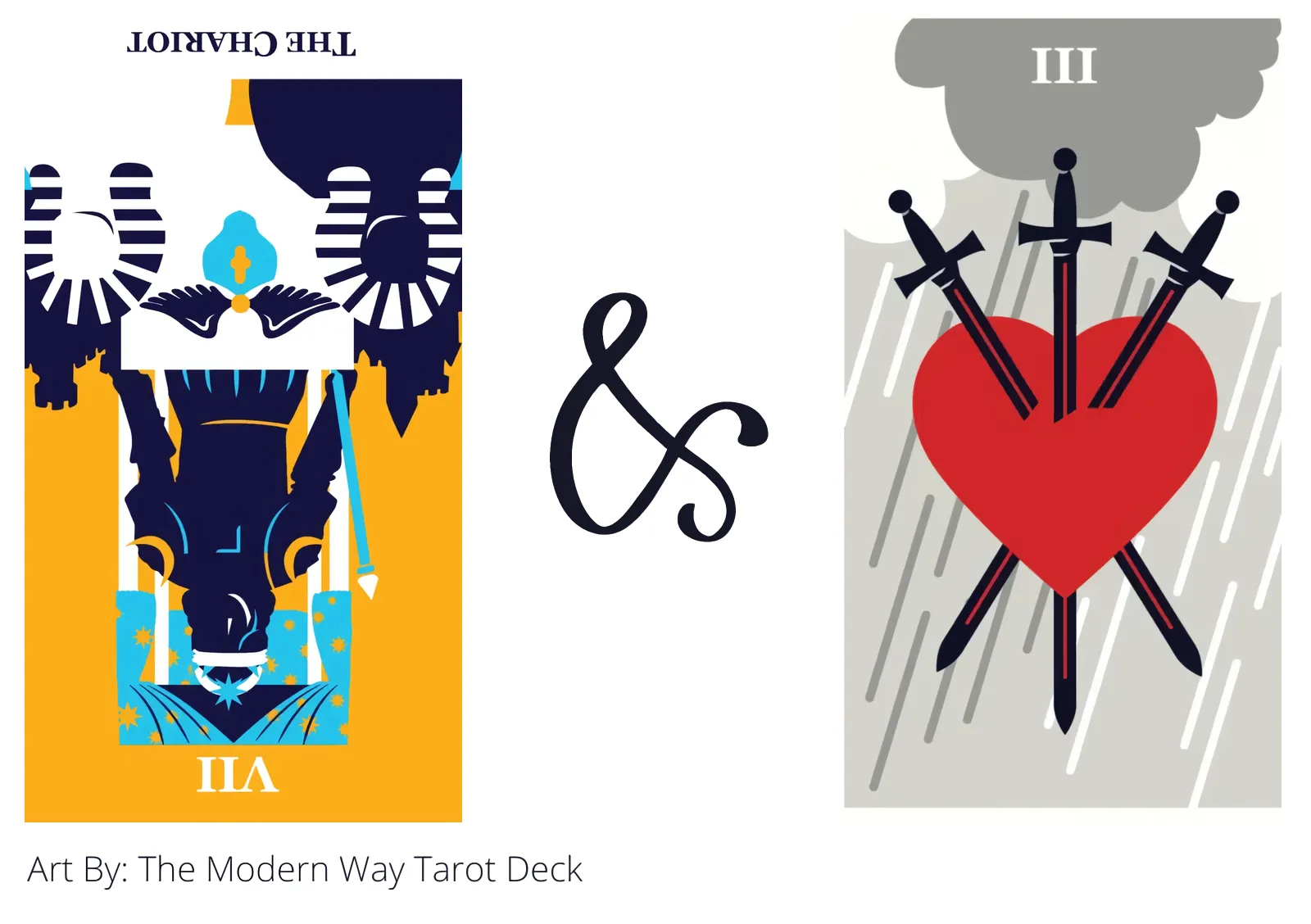 the chariot reversed and three of swords tarot cards together