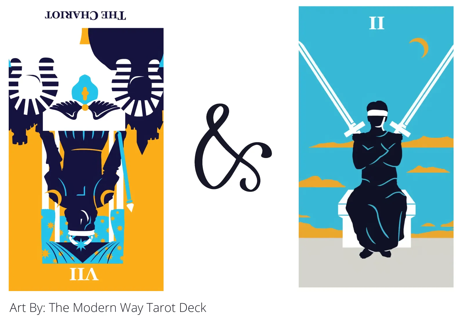 the chariot reversed and two of swords tarot cards together