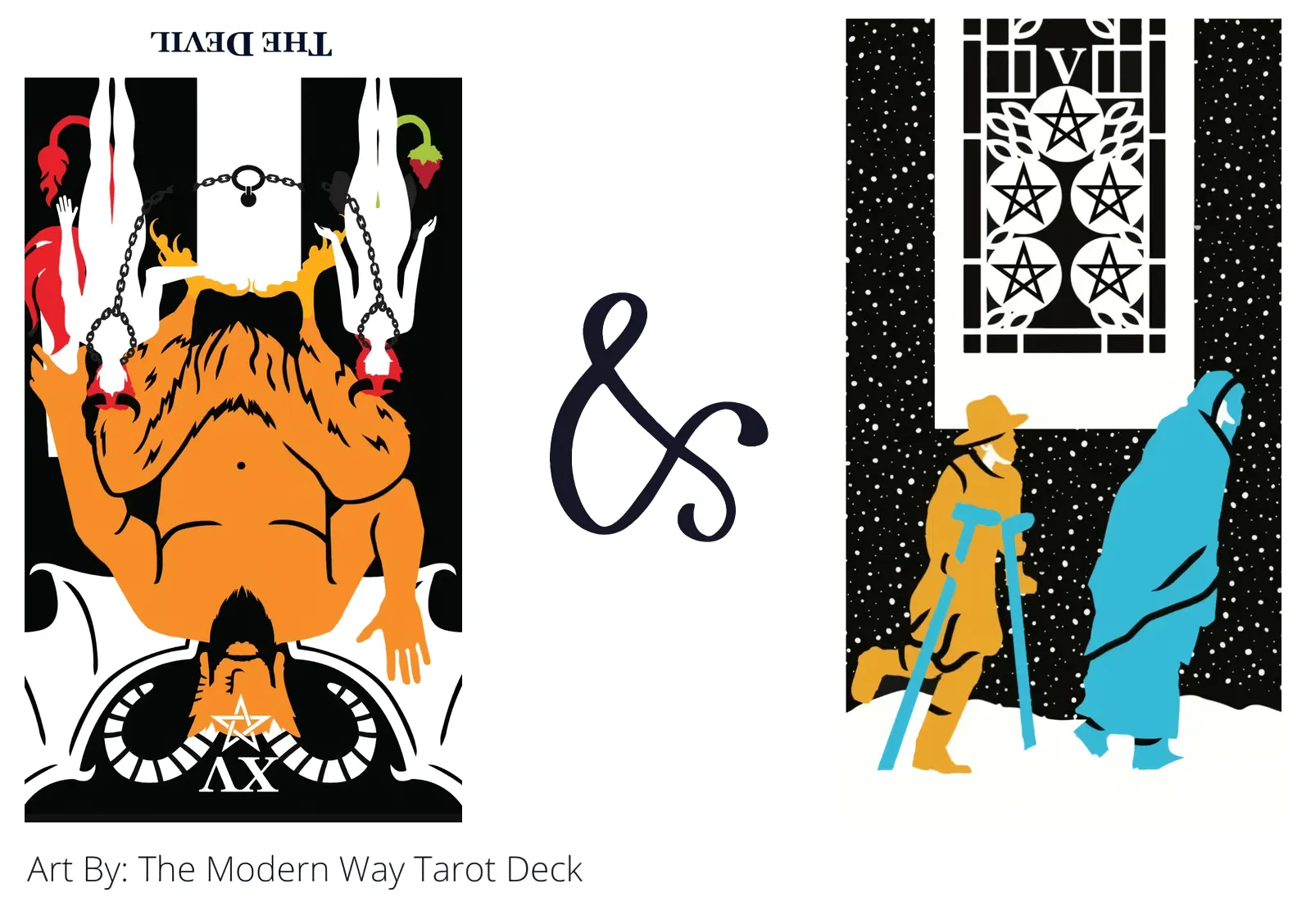 the devil reversed and five of pentacles tarot cards together