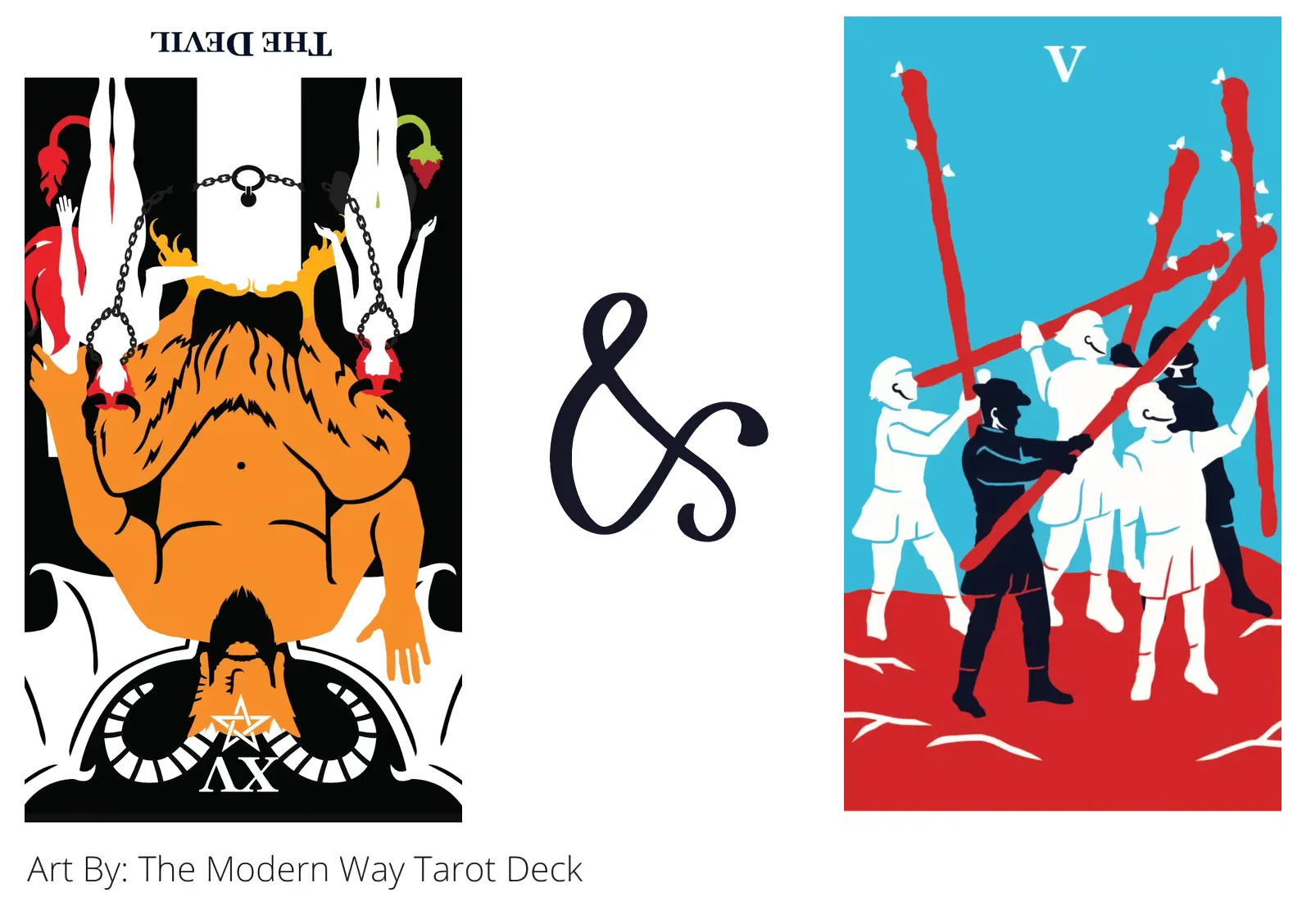 the devil reversed and five of wands tarot cards together