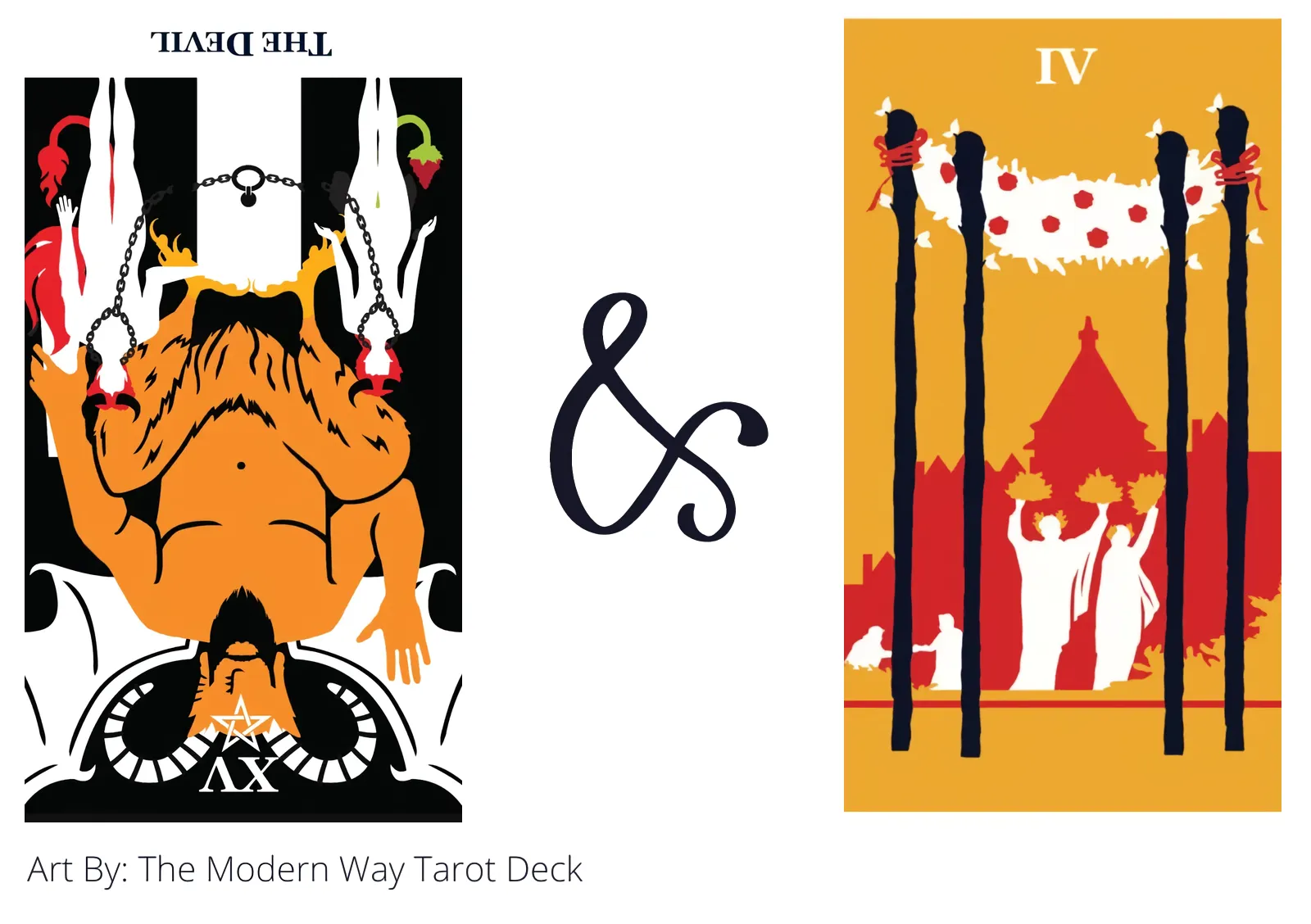 the devil reversed and four of wands tarot cards together