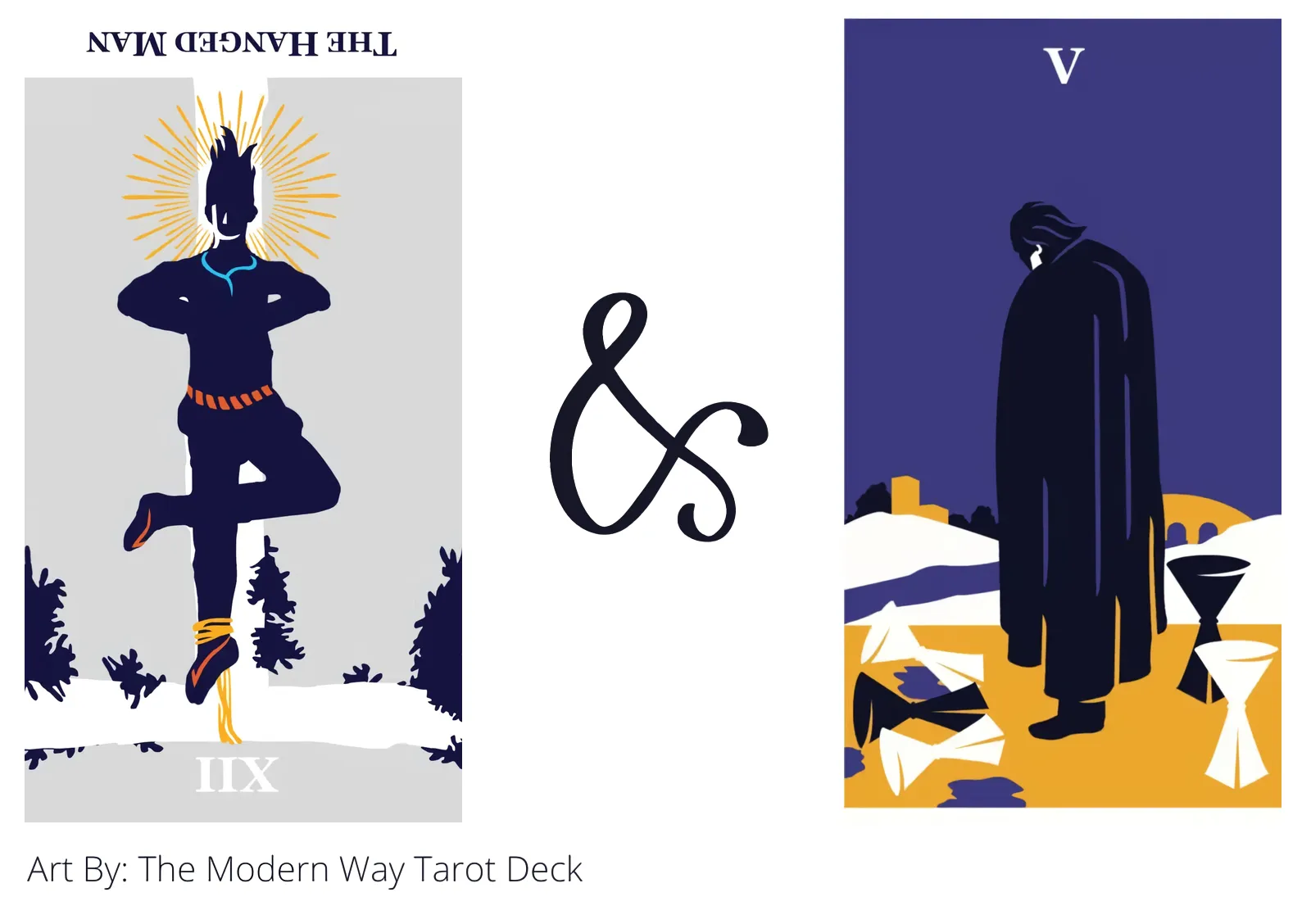 the hanged man reversed and five of cups tarot cards together