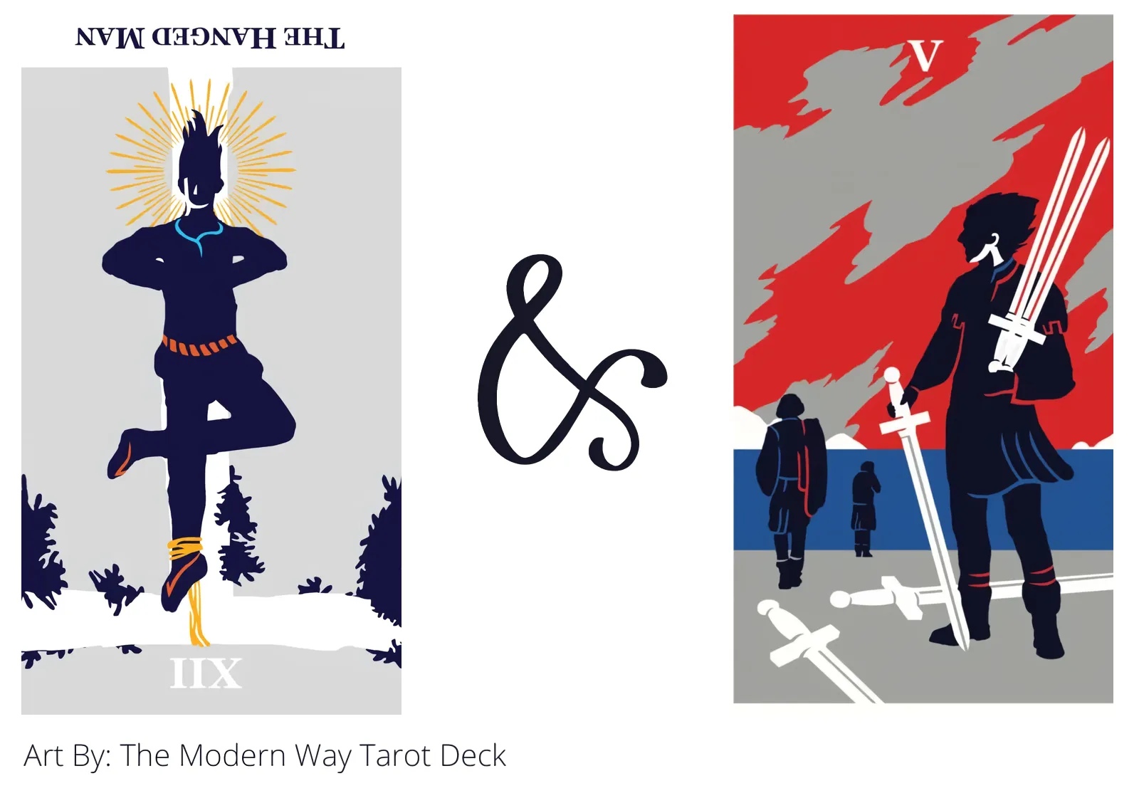 the hanged man reversed and five of swords tarot cards together
