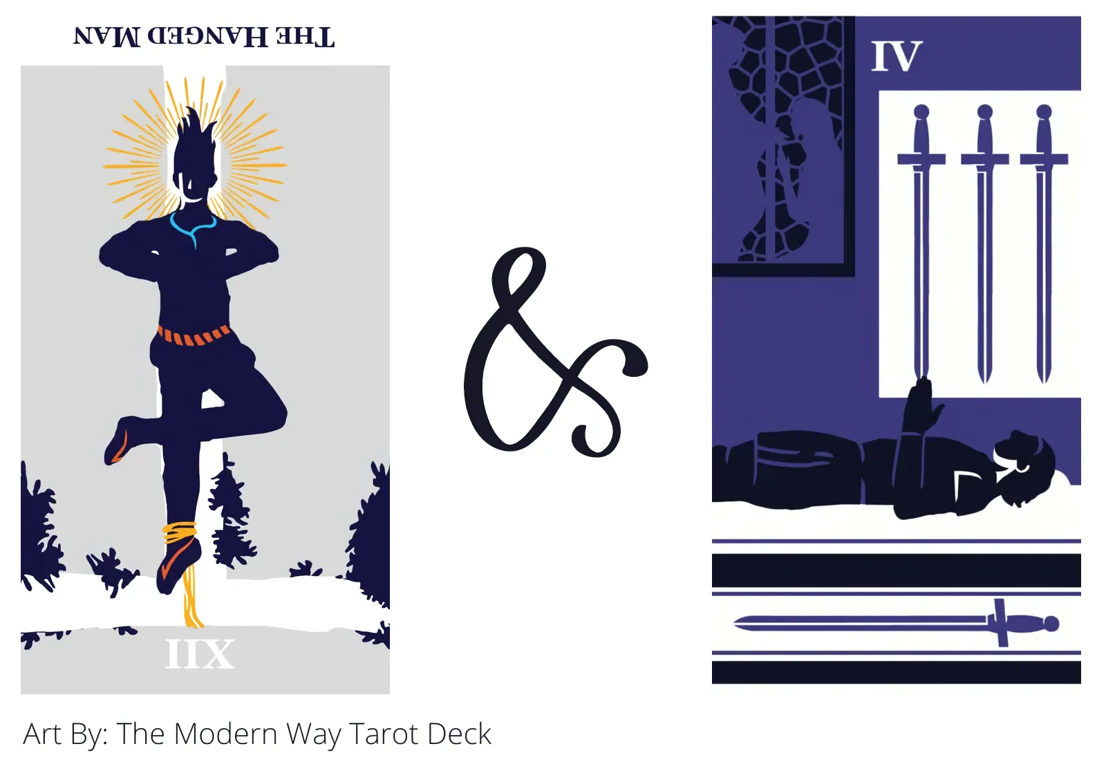 the hanged man reversed and four of swords tarot cards together