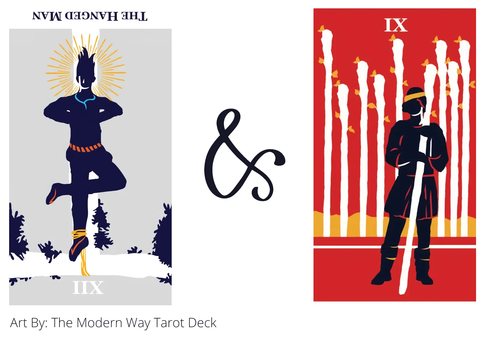 the hanged man reversed and nine of wands tarot cards together