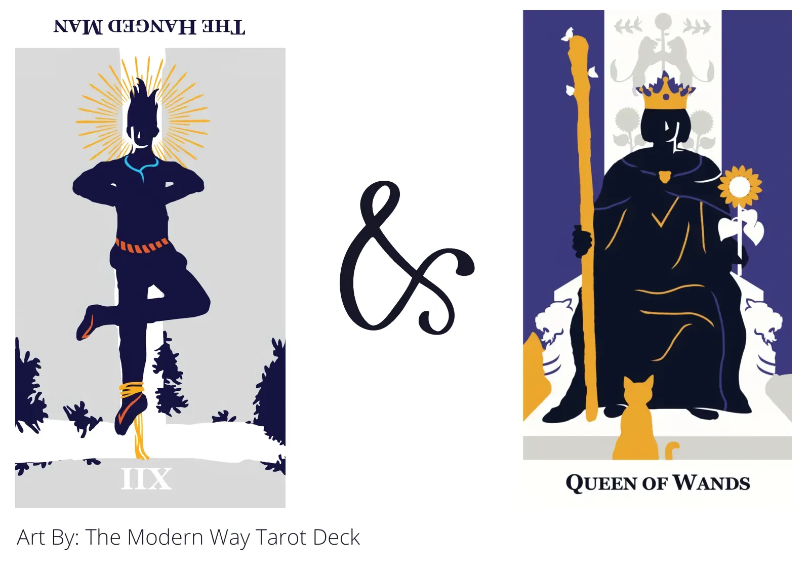 the hanged man reversed and queen of wands tarot cards together